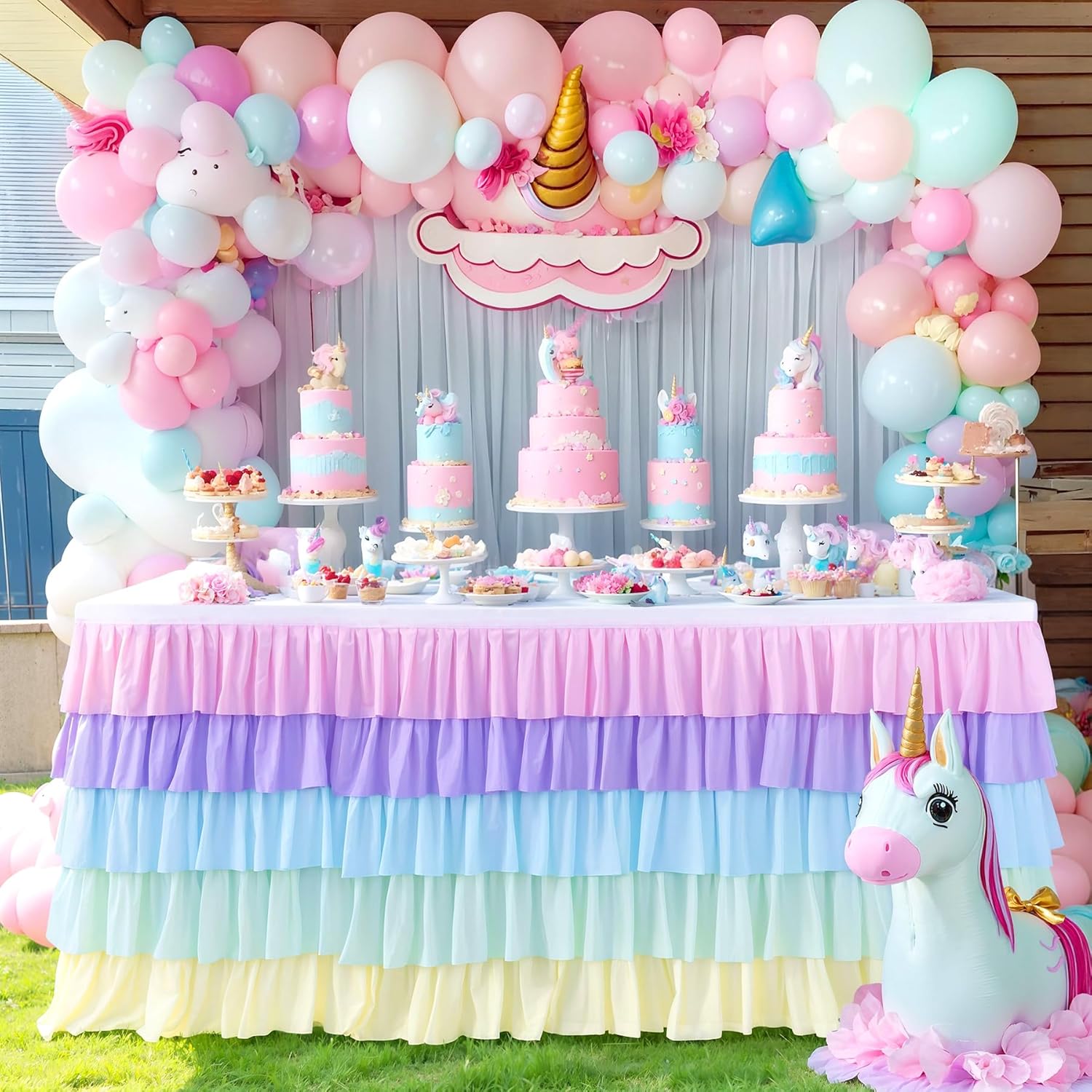 Falda de mesa tutú de unicornio arcoíris de 9 pies para mesas redondas rectangulares, mantel de gasa para decoración de fiesta de cumpleaños de