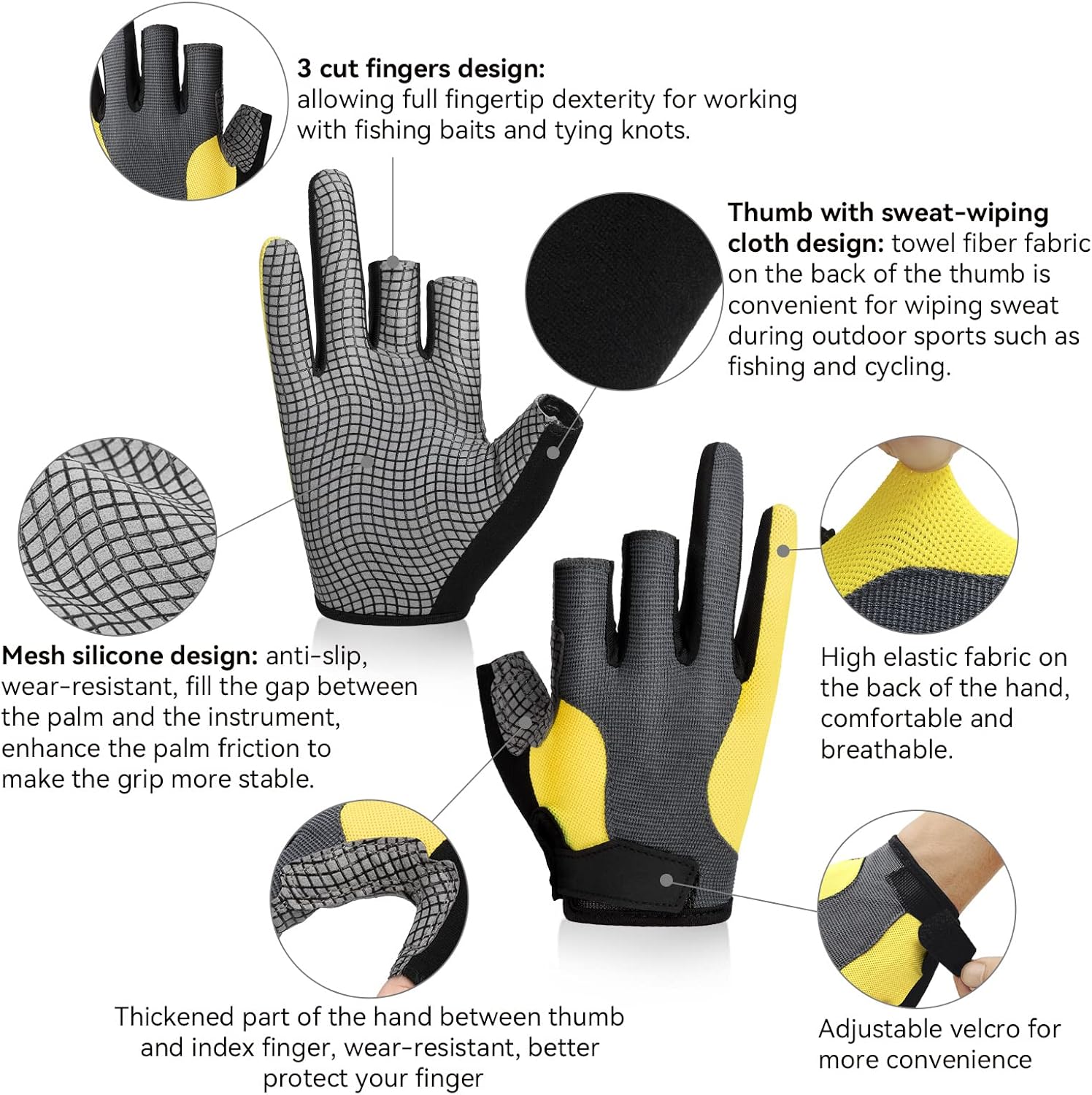 Guantes de pesca con 3 dedos cortados guantes de protección solar para hombres y mujeres, kayak, vela, remo, canoa, ciclismo, senderismo