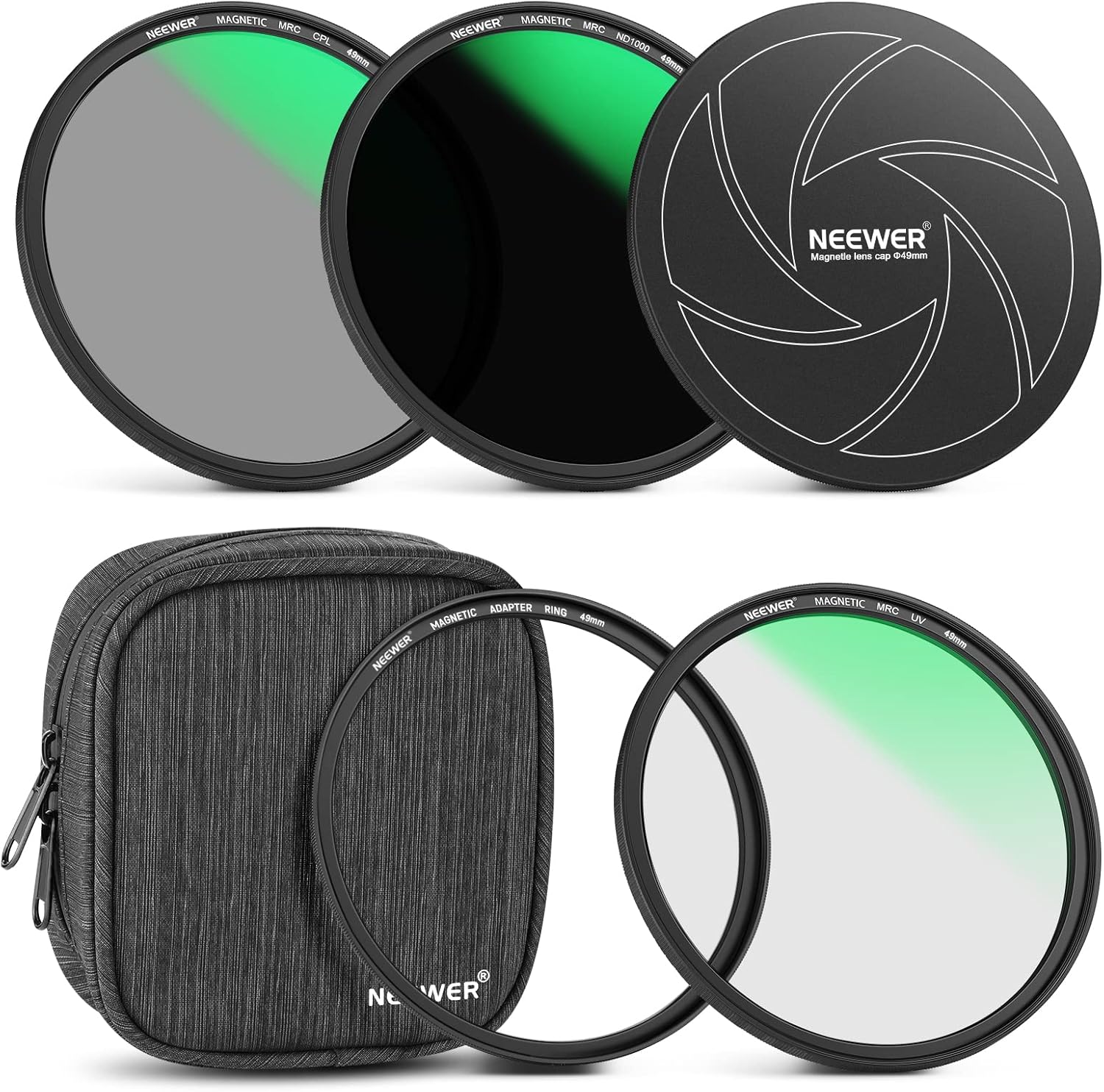 NEEWER Kit de filtro magnético 5 en 1 de 1.929in, incluye densidad neutra ND1000+MCUV+CPL+anillo adaptador+tapa de filtro con revestimiento de 42