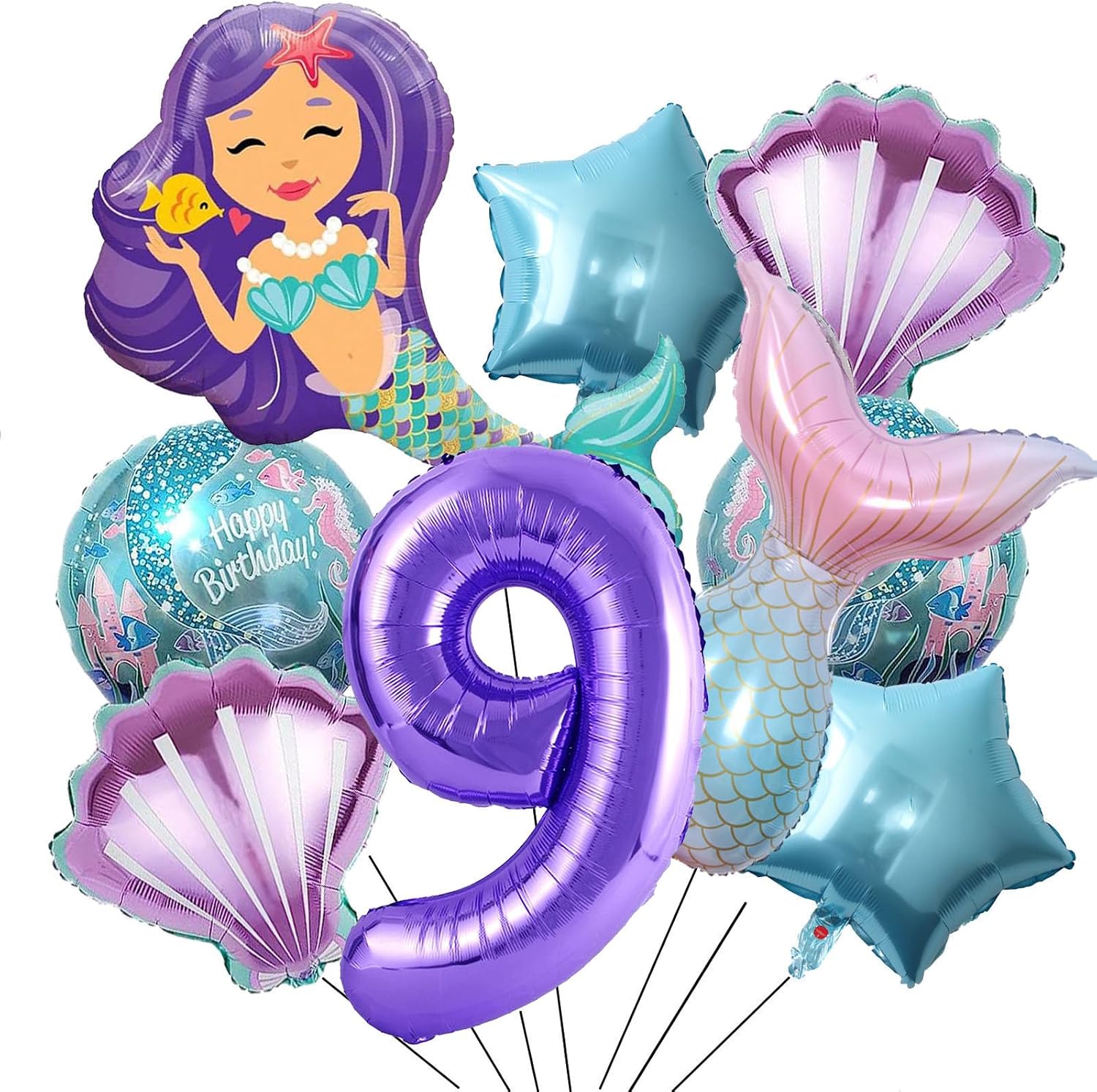 9 globos de aluminio de sirena Mylar para decoración de cumpleaños de 9 años para niña con temática de sirena, decoración de fiesta hawaiana del