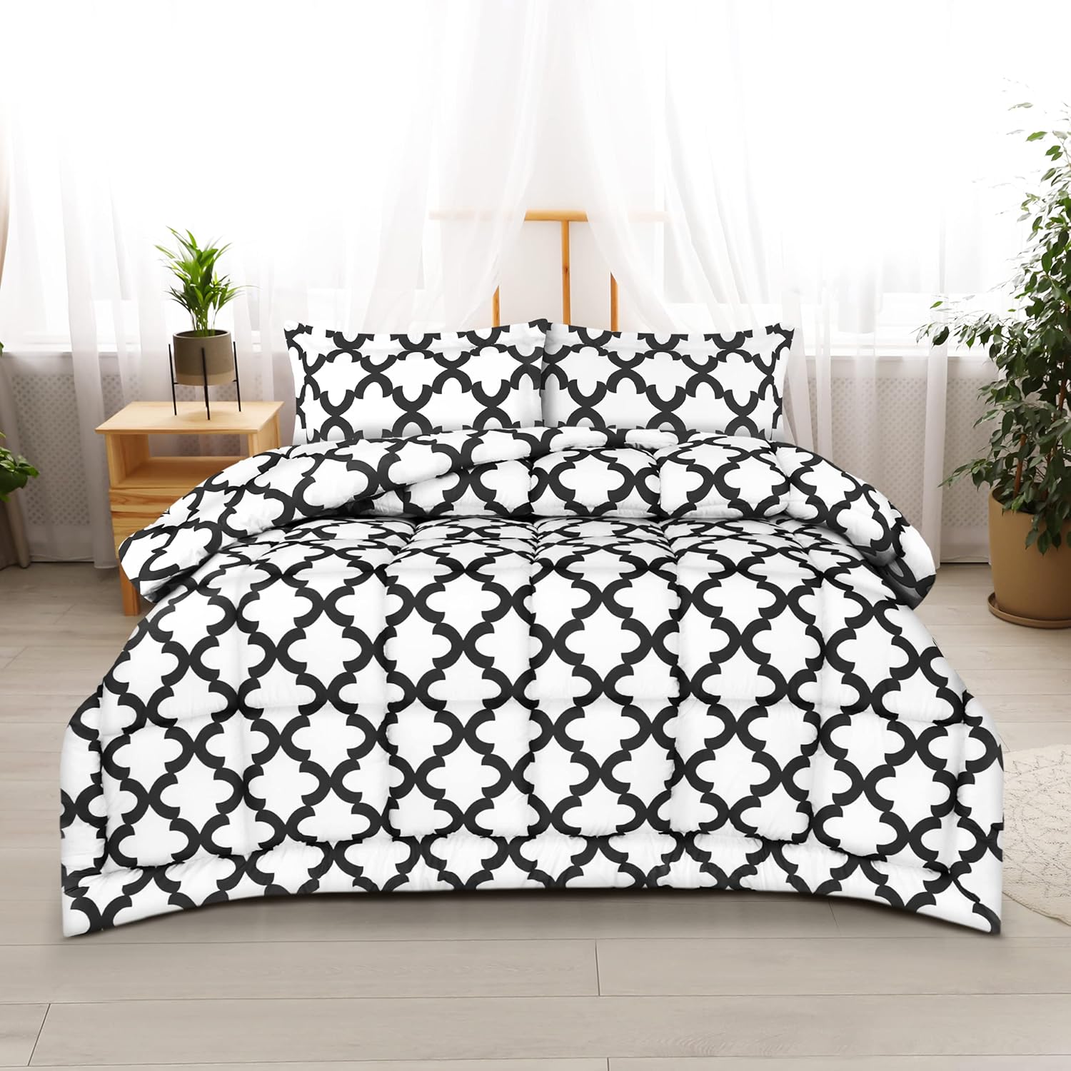 Utopia Bedding – Juego de edredón estampado (Blanco, negro, Queen) con 2 fundas de almohada – Lujosa microfibra cepillada – Edredón alternativo al