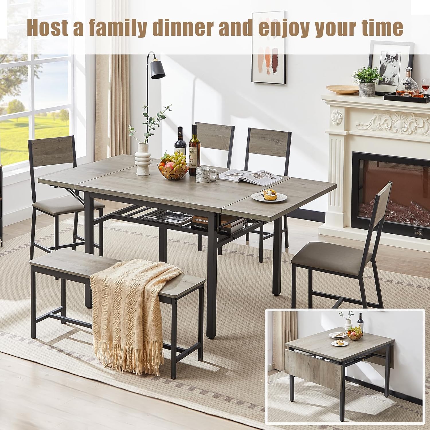 Mesa de comedor plegable de madera de 63 pulgadas para 2-6 escritorio de cocina extensible moderno que ahorra espacio, color gris
