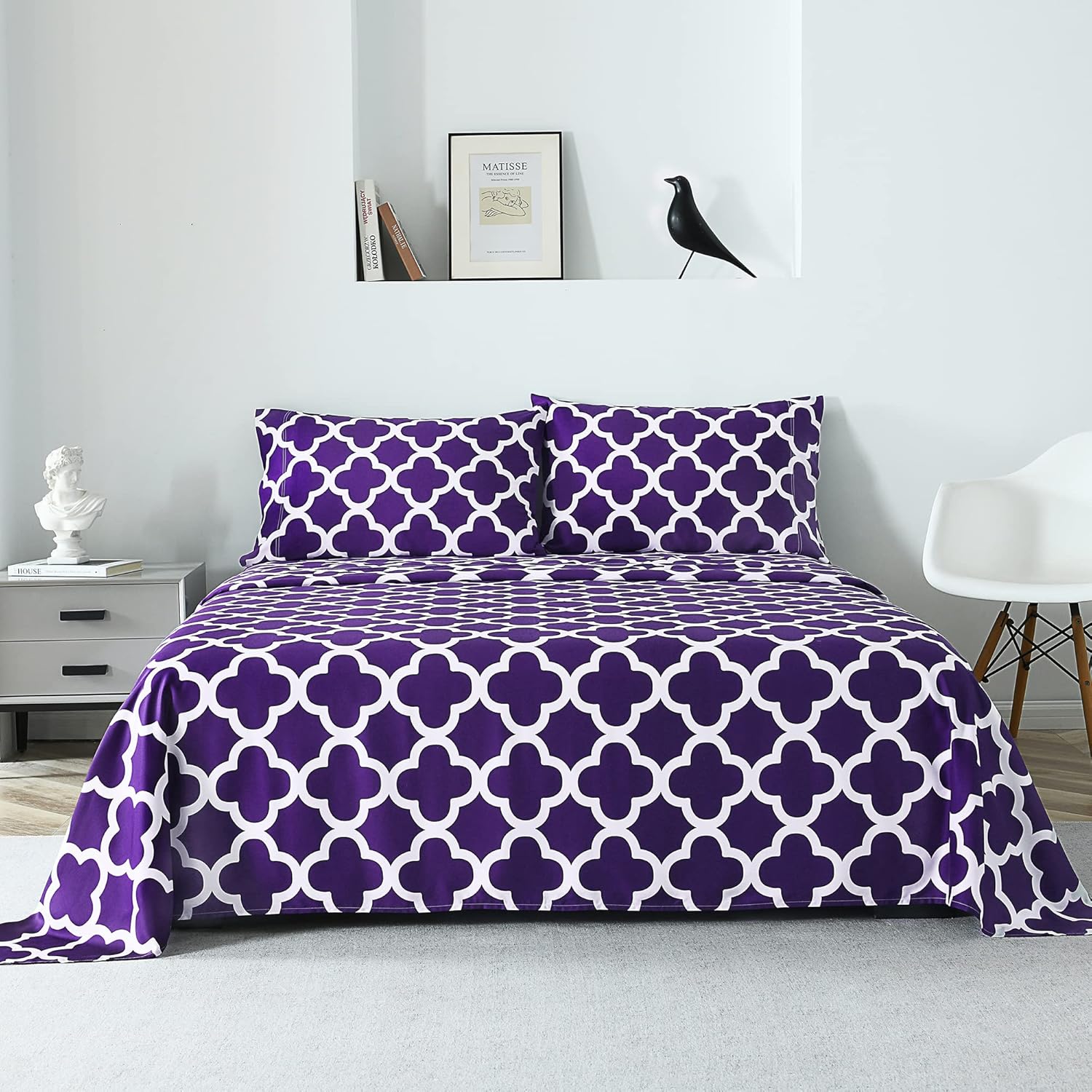 Cooling Sheets Queen Size, 100% Viscose Derived from Bamboo, 16″ Deep Pocket Queen Sheets, Silky Soft Breathable and Durable Purple Printed Sheets,