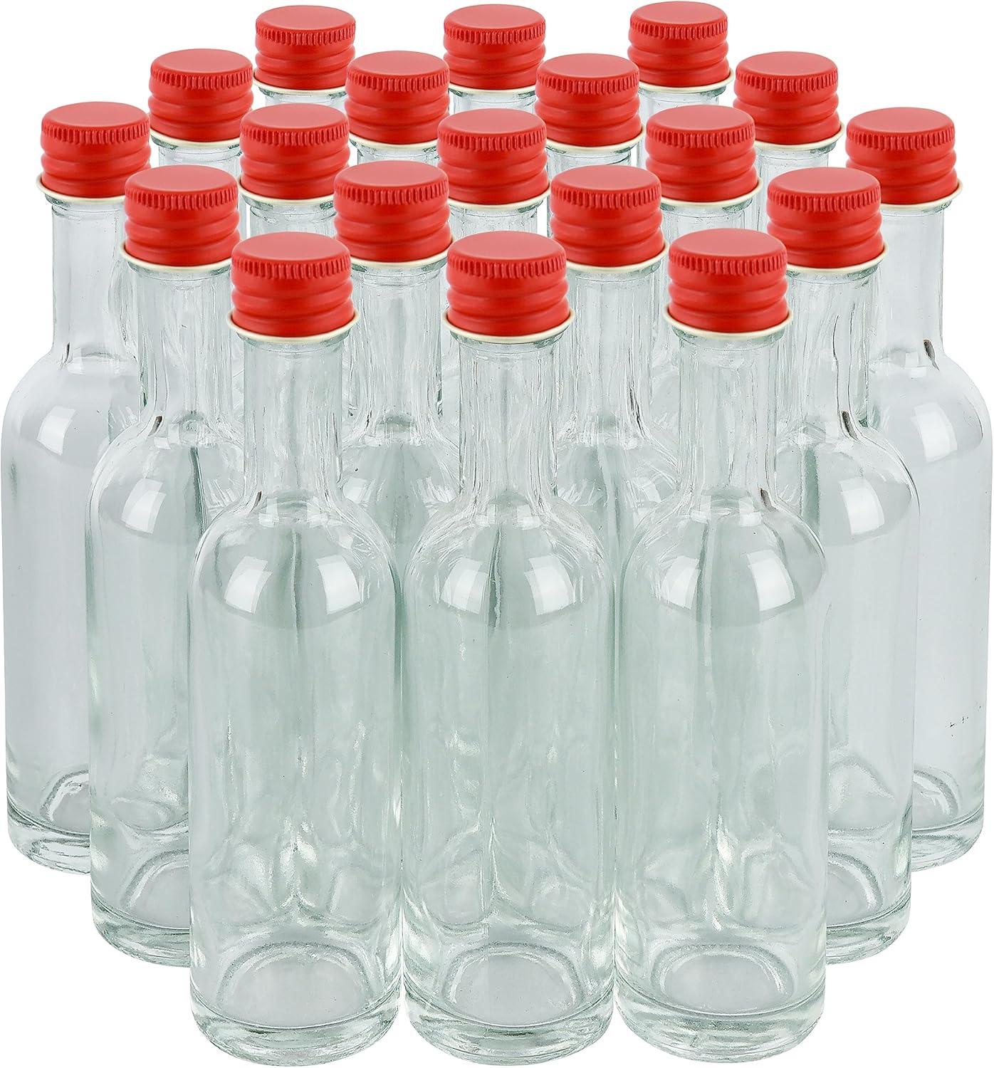 Mini botellas de vidrio de 1.7 fl oz con tapas de aluminio y termorretráctiles, paquete de 24 tapas rojas, para salsa de licor, bebidas, muestras de