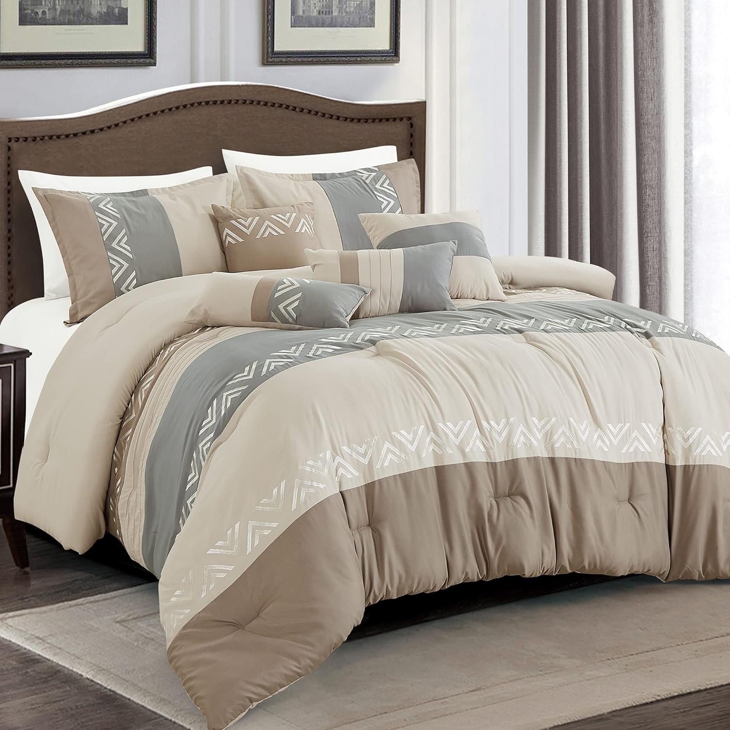 HIG Juego de edredón bordado de 7 piezas gris topo y gris con patrón geométrico de cheurón, juego de cama moderno de retazos, cama para todas las
