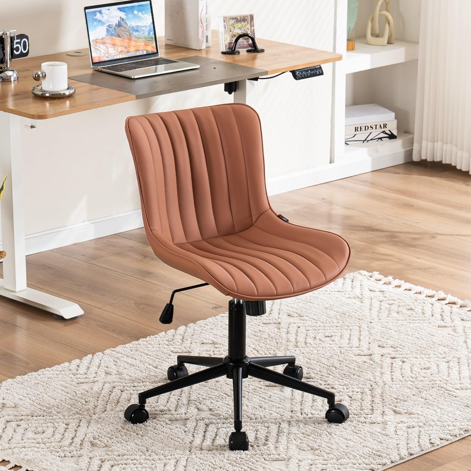 YOUNIKE Silla de oficina giratoria sin brazos de cuero con ruedas, silla de computadora tapizada ajustable con respaldo reclinable y giratorio,