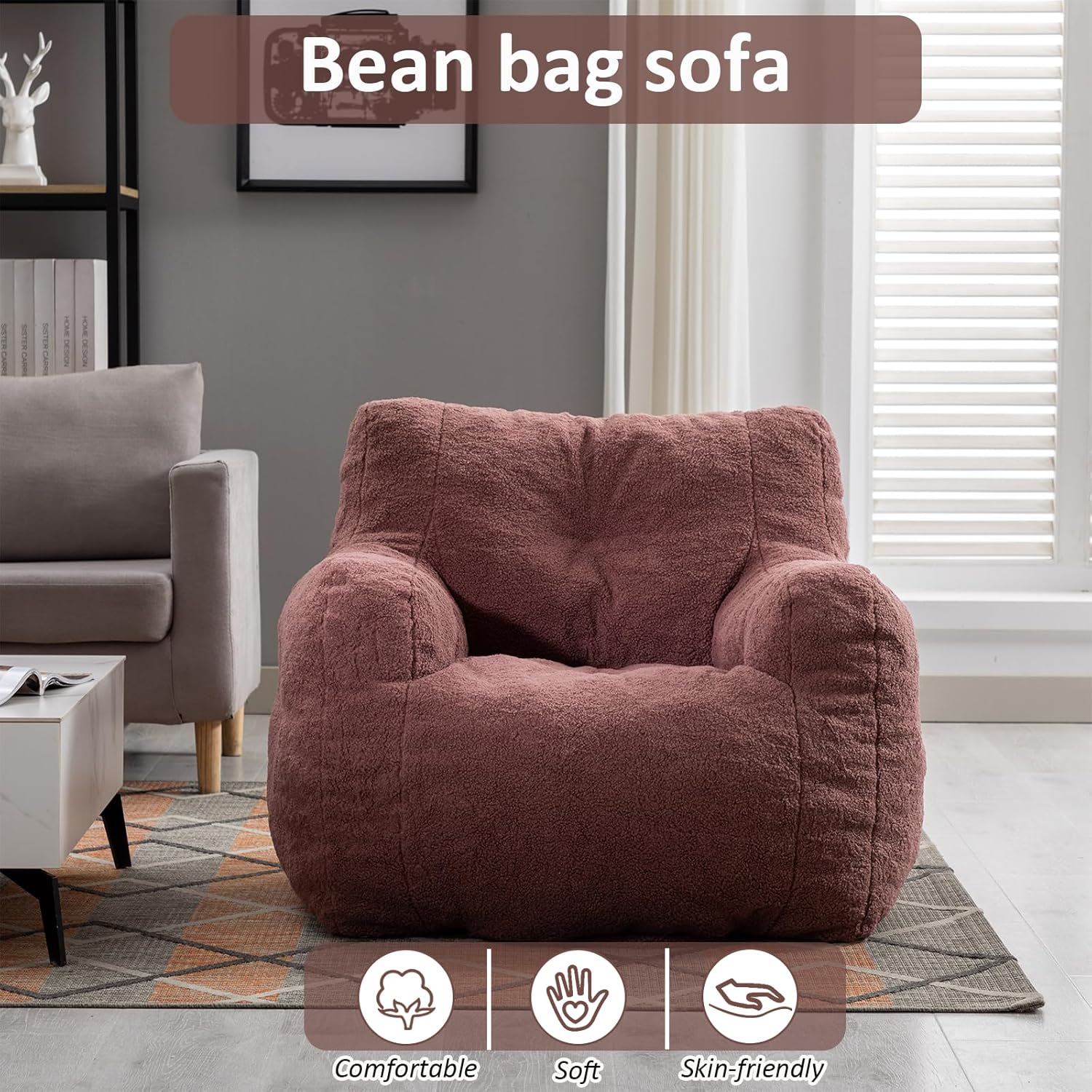 Hison Puf para adultos y niños, tela de peluche, sofá esponjoso y perezoso, relleno de esponja viscoelástica, sofá con reposabrazos para sala de