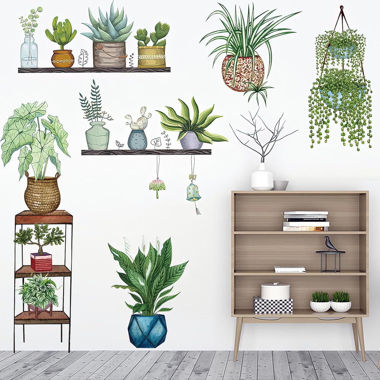 Calcomanías de pared de plantas verdes en maceta, plantas tropicales, hojas verdes, calcomanías de pared, papel tapiz de vinilo natural, para sala
