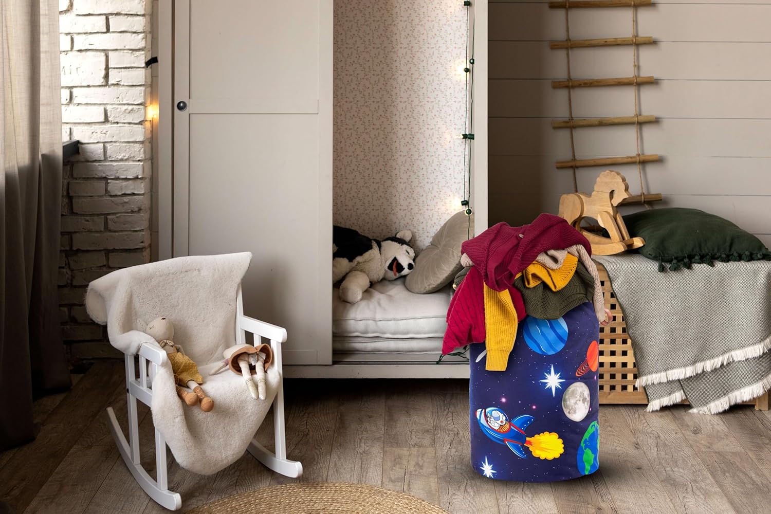 Cesta de lavandería para niños, tema de cohete espacial de astronauta, impermeable, plegable con asas, cesta de lona para cuarto de bebé de 45 L,