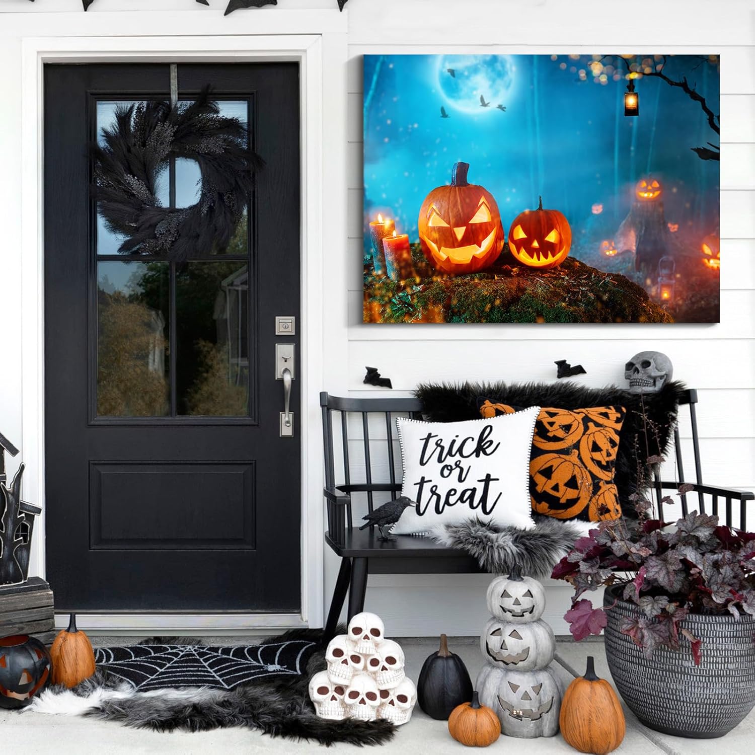 Denozer – Lienzo decorativo para pared con imágenes temáticas de Halloween, decoración de pared de calabaza iluminada, decoración de pared del hogar
