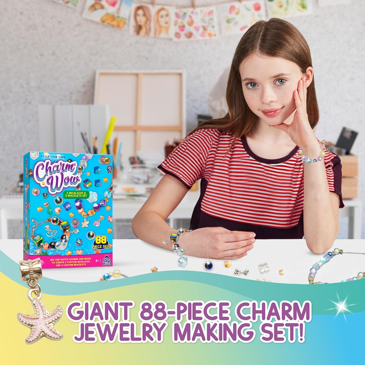 CharmWow – Kit de fabricación de joyas para niñas de 5 a 7 años en adelante, kit de fabricación de collares y pulseras para niños con cuentas