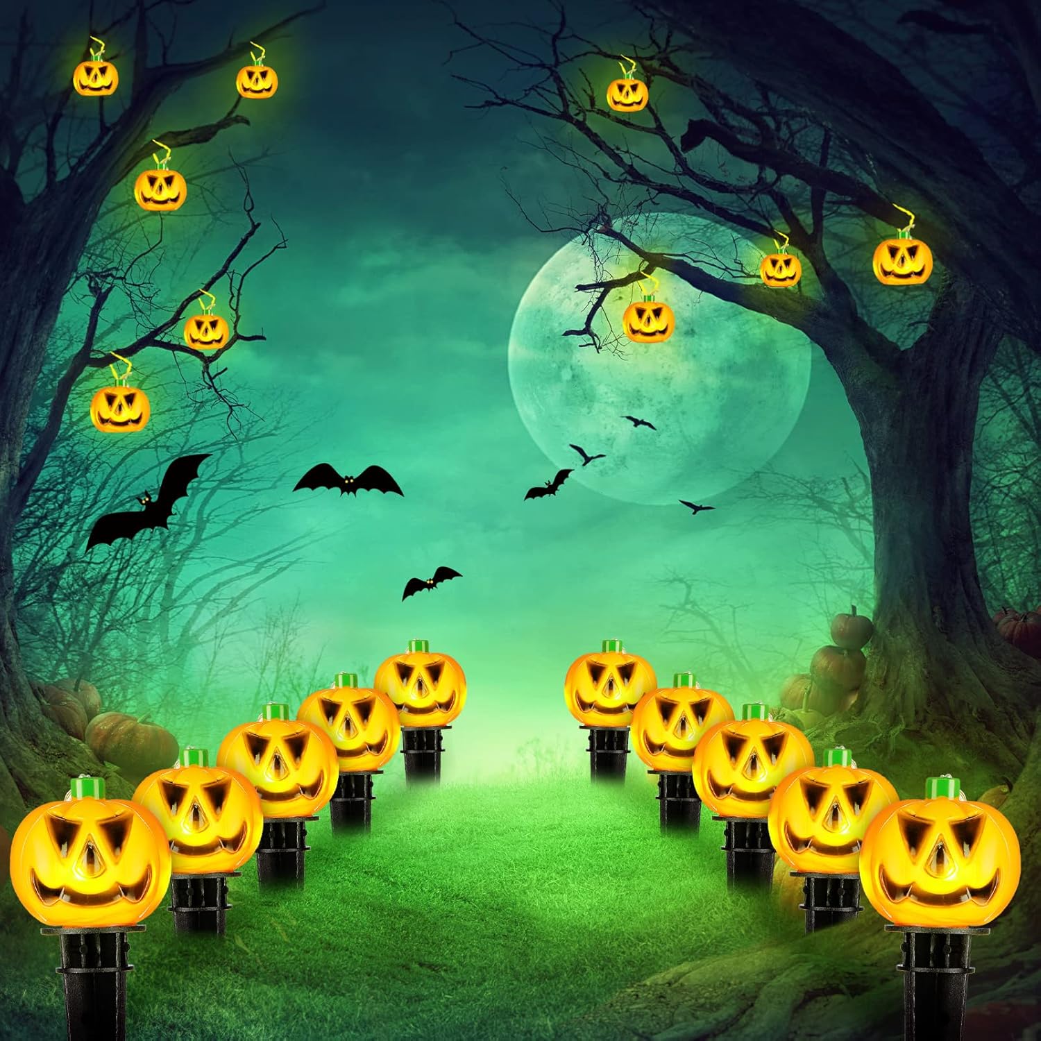 10 piezas de decoraciones de Halloween al aire libre 3D iluminadas con estacas de calabaza iluminadas, calabazas de plástico, luces LED,