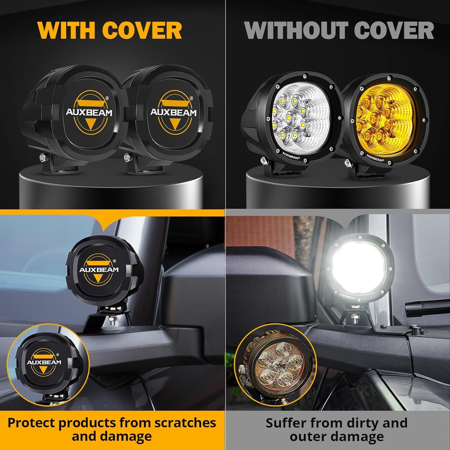 Auxbeam Fundas LED de 4 pulgadas, 2 piezas redondas negras para luces de trabajo de conducción todoterreno, cubiertas protectoras de PC, cubiertas
