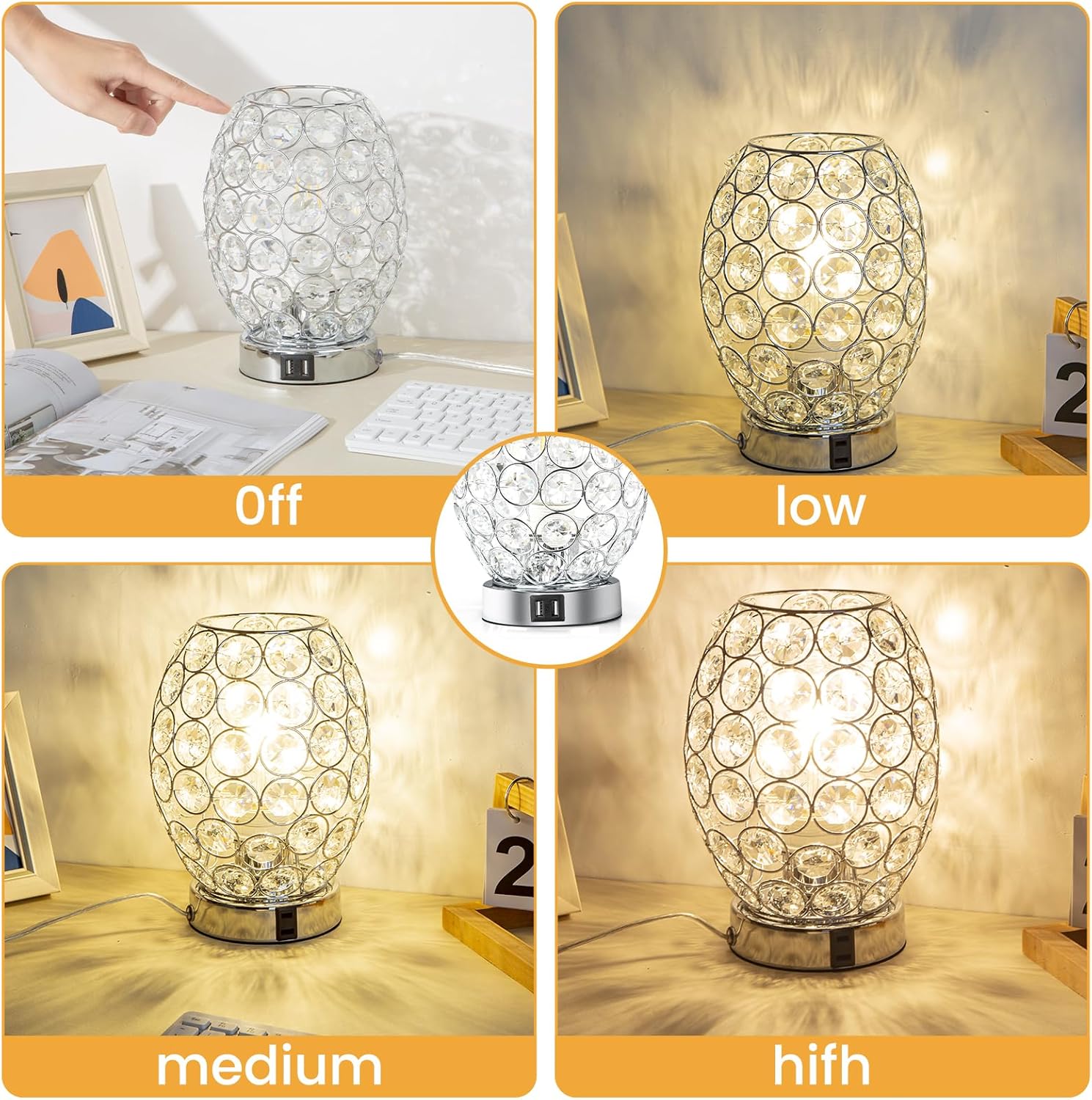 Lámpara de mesa regulable de cristal, lámpara de escritorio con control táctil con 2 puertos USB, lámparas de mesita de noche negras con pantalla de