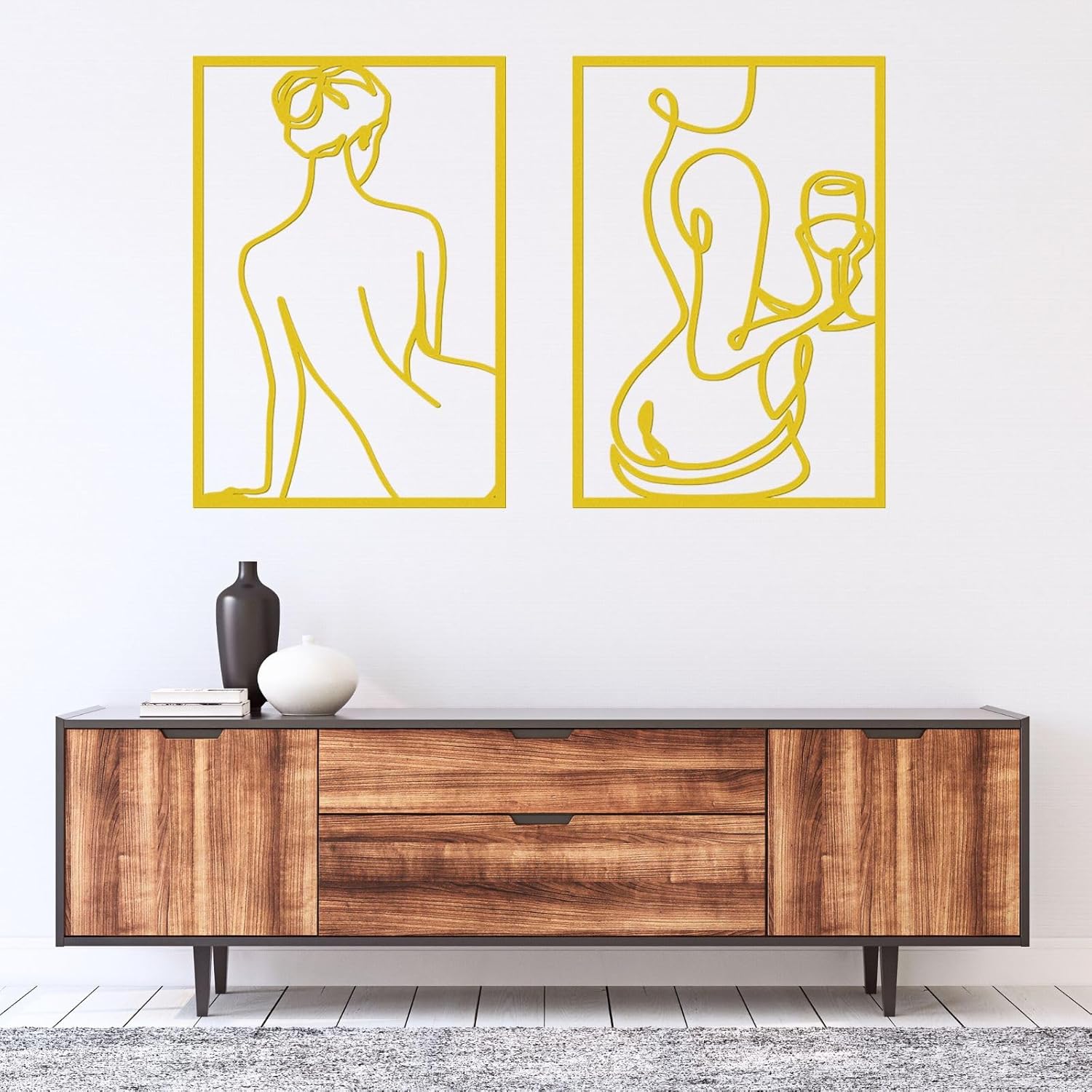 Juego de 2 arte de pared de metal dorado para decoración del hogar, decoración de pared simple de 18 x 12 pulgadas, arte de línea abstracta,