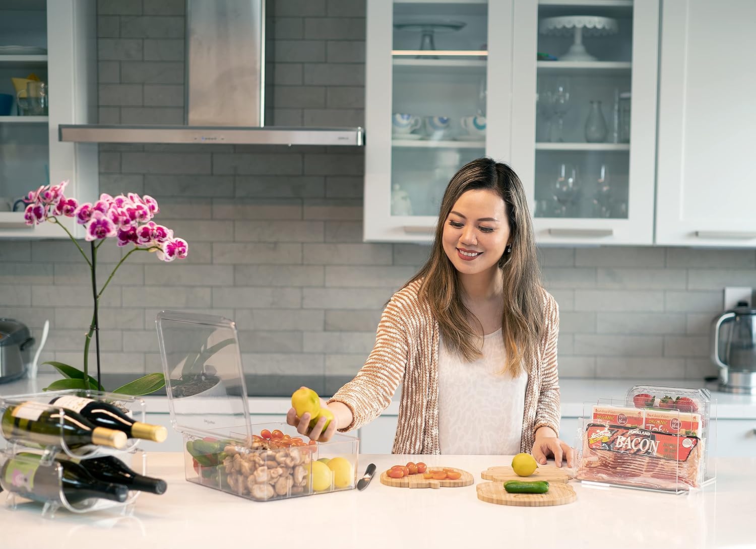 Organizador de refrigerador con tapa y separadores extraíbles, apilable multiusos para bolsitas de té, arte y manualidades, cocina, despensa,