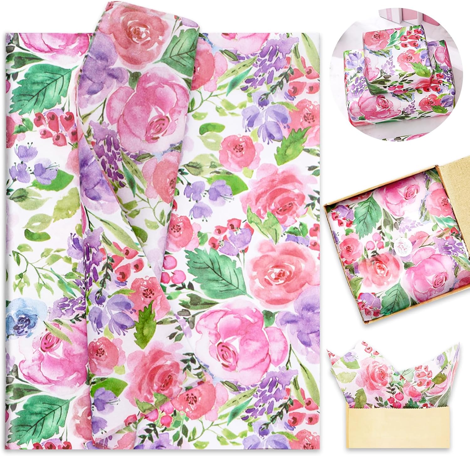 Whaline 100 piezas de papel de seda floral acuarela flores papel de regalo papel de embalaje de flores papel de bricolaje papel de manualidades para