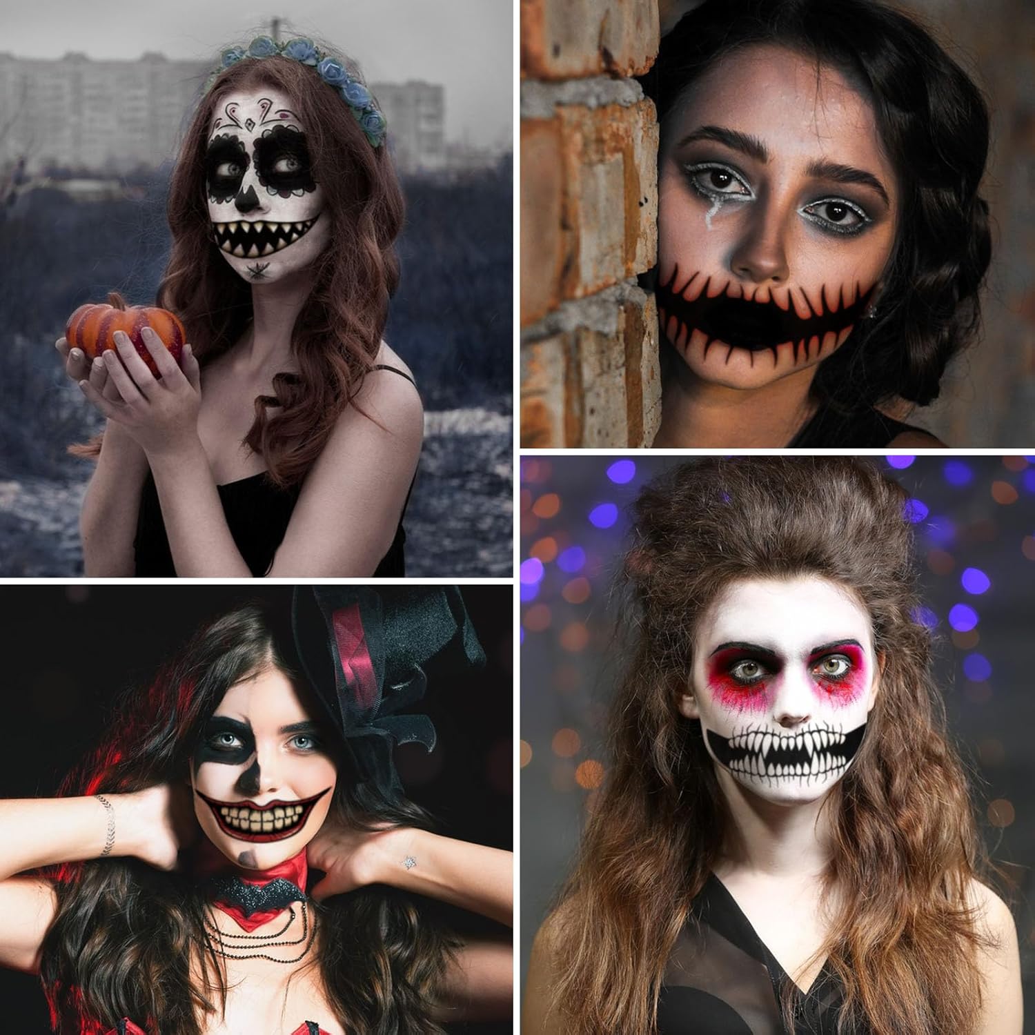 16 piezas de tatuajes temporales de maquillaje de broma de Halloween para adultos, payaso de terror, boca de terror, calcomanías para Halloween,