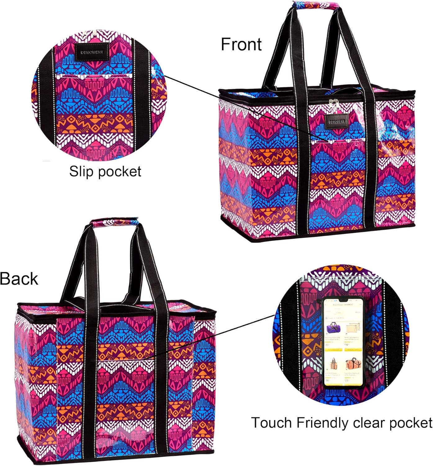DEMOMENT Bolsa de asas de compras duradera reutilizable con bolsillos para cocina, supermercado, camping, playa, almacenamiento