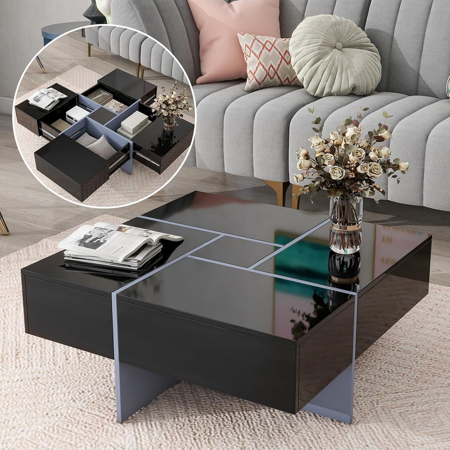 LETESA Mesa auxiliar con 4 compartimentos de almacenamiento ocultos, mesa central extraíble, mesa de cóctel cuadrada con mesa deslizante extensible,