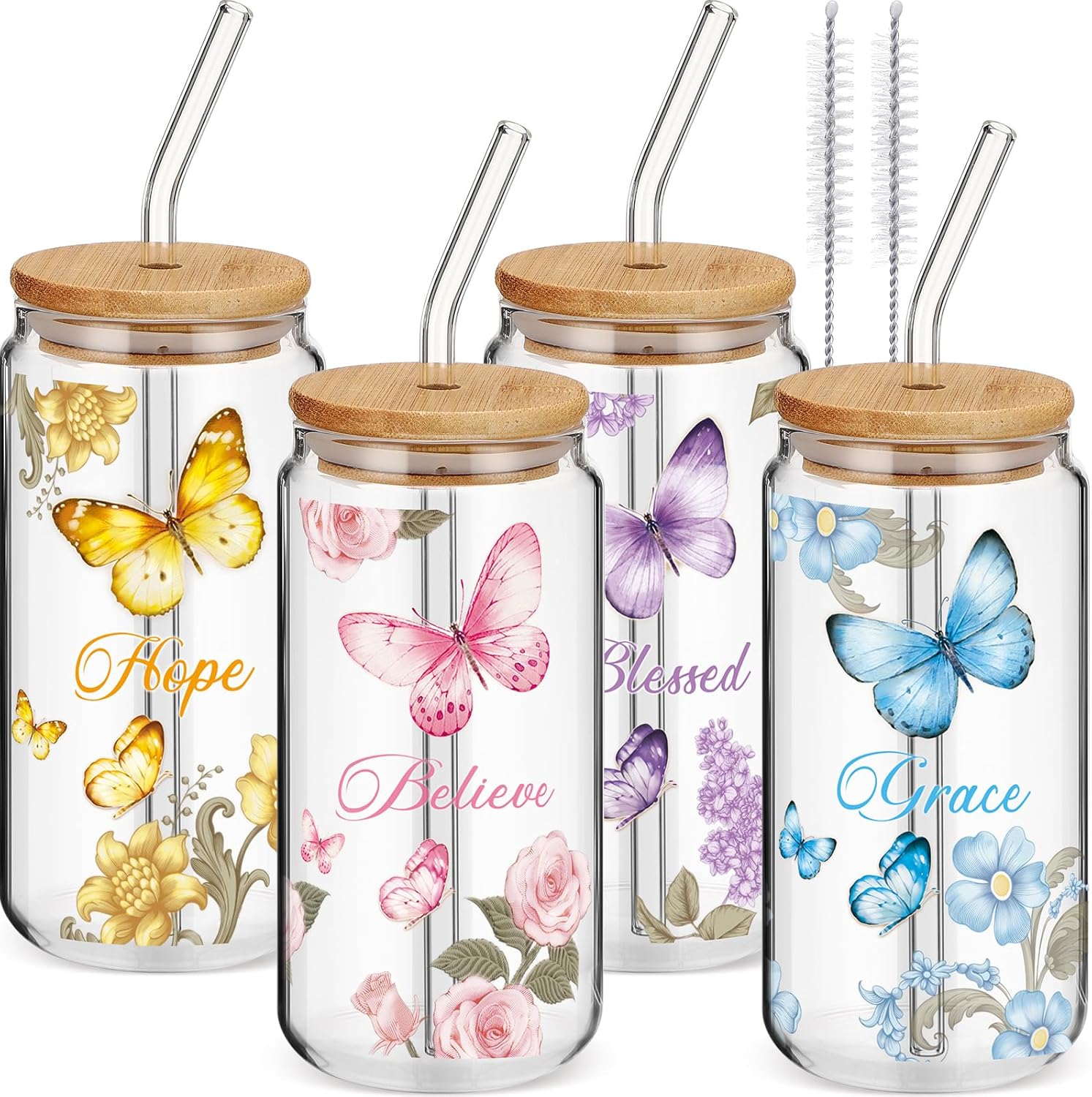 Cunhill 4 vasos de cristal cristiano de 16 onzas con diseño de mariposa de agradecimiento para café helado, regalo de graduación, vasos de flores
