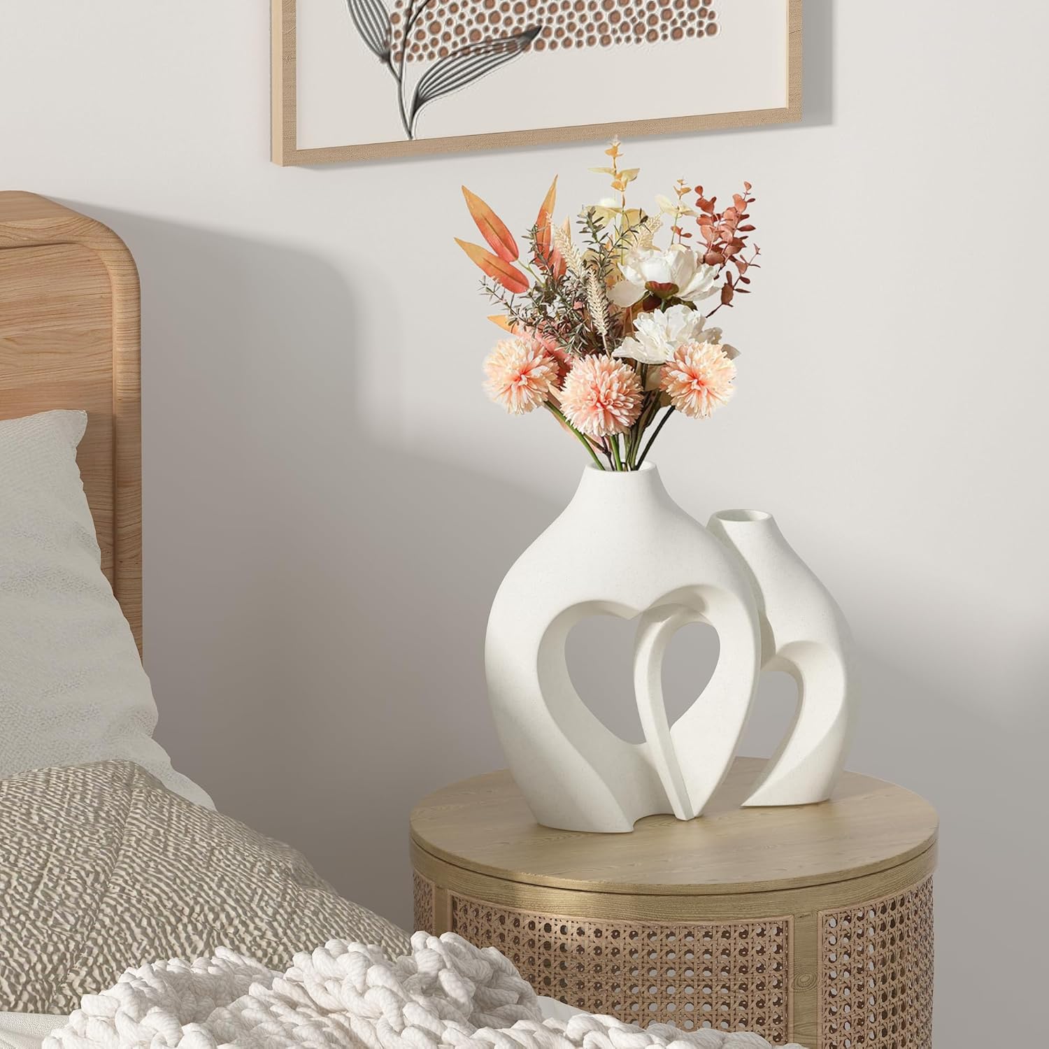 Jarrones blancos para decoración, juego de 2 jarrones de cerámica en forma de corazón, jarrones nórdicos en forma de corazón, jarrón decorativo