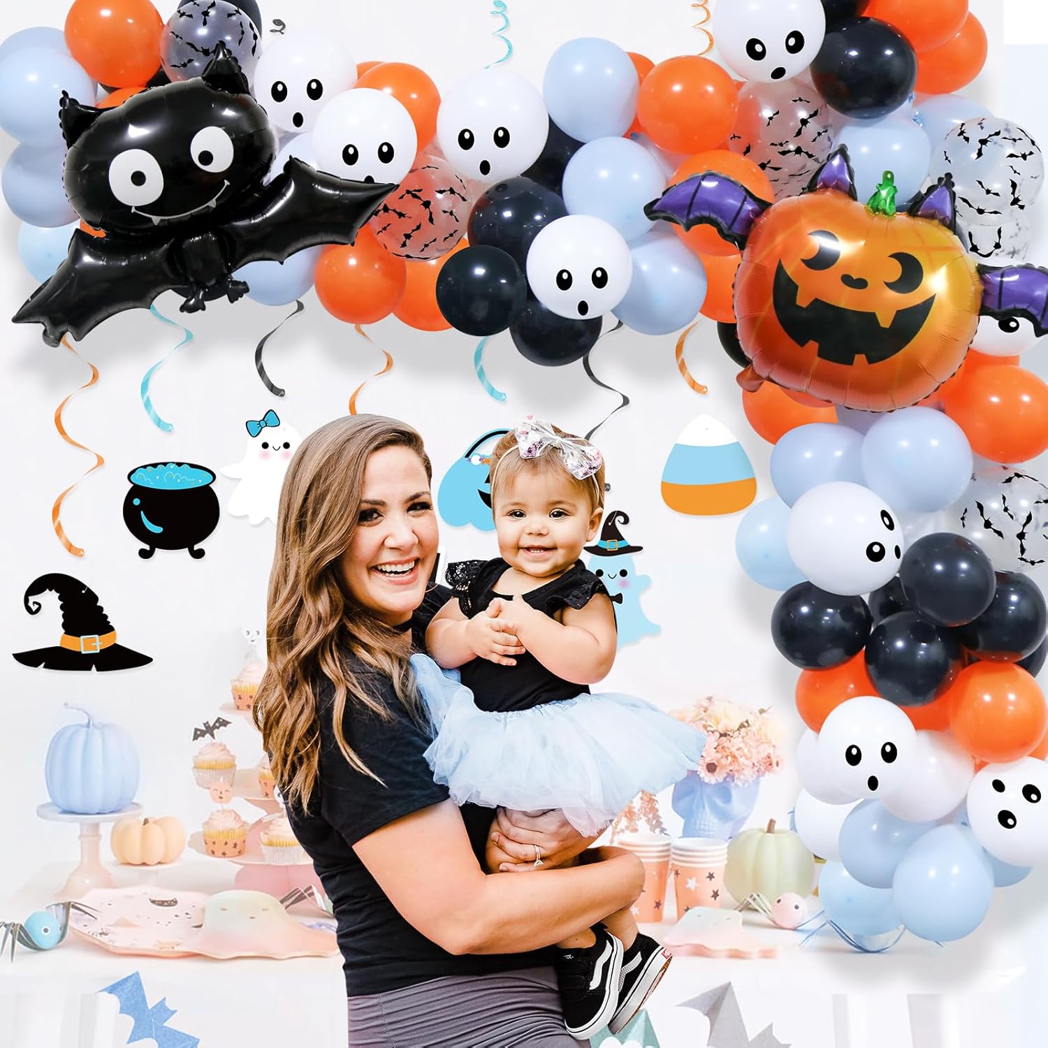 Kit de guirnalda de arco de globos de baby shower de Halloween, decoración de globos azules de Halloween con bonitos globos de aluminio de calabaza