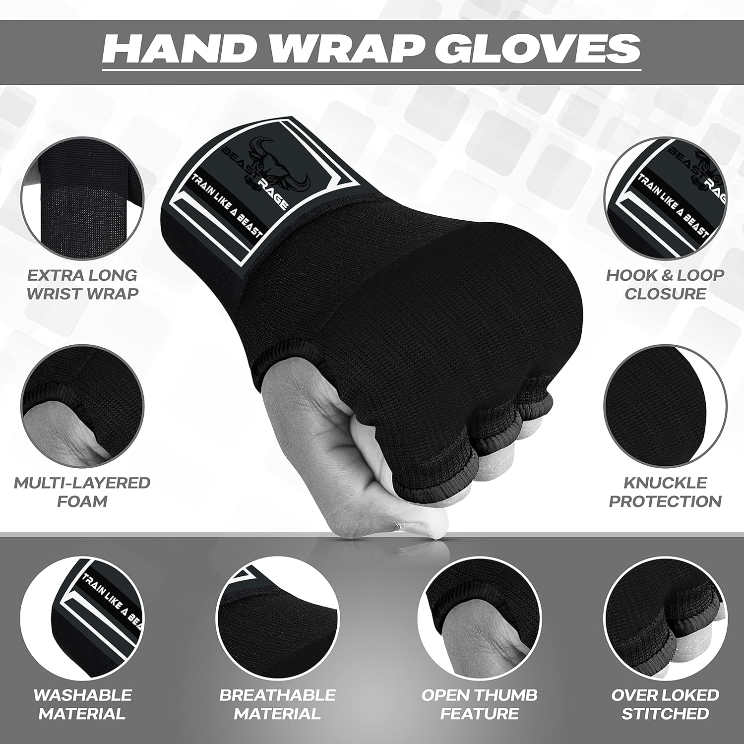 BEAST RAGE Guantes interiores con envolturas de mano, envoltura rápida, largo de 36 pulgadas, soporte de muñeca de MMA, vendajes Muay Thai,