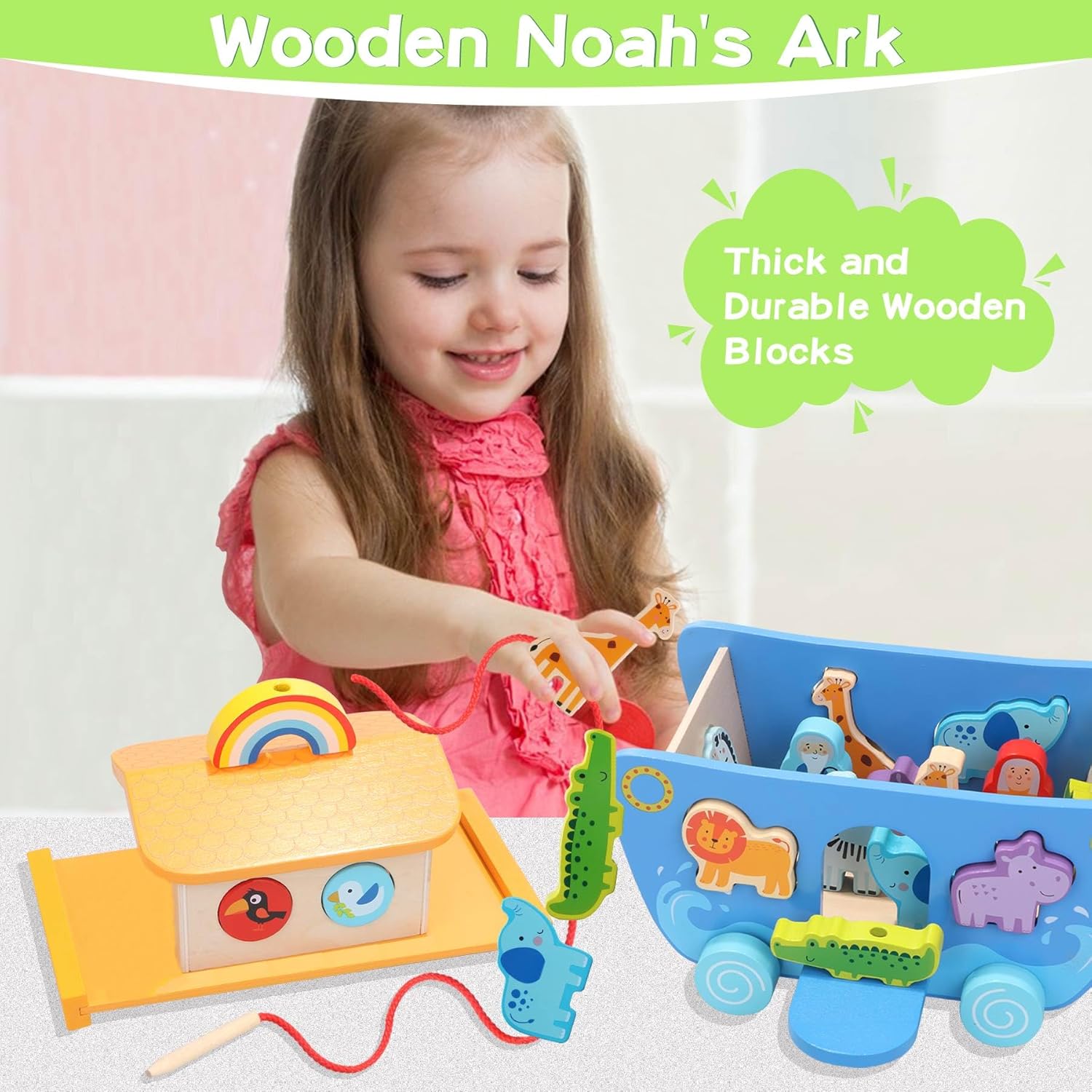 Tooysea Juguete de madera del arca de Noé con clasificador de formas de animales, regalos de bautismo para 1, 2, 3, 4 años, juguetes Montessori para