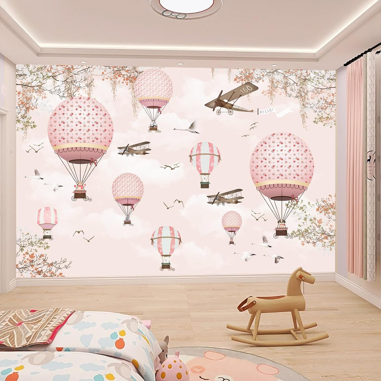 Papel tapiz de globo aerostático con bonitos animales, aviones, papel tapiz rosa para decoración de pared de guardería, dormitorio de niñas,