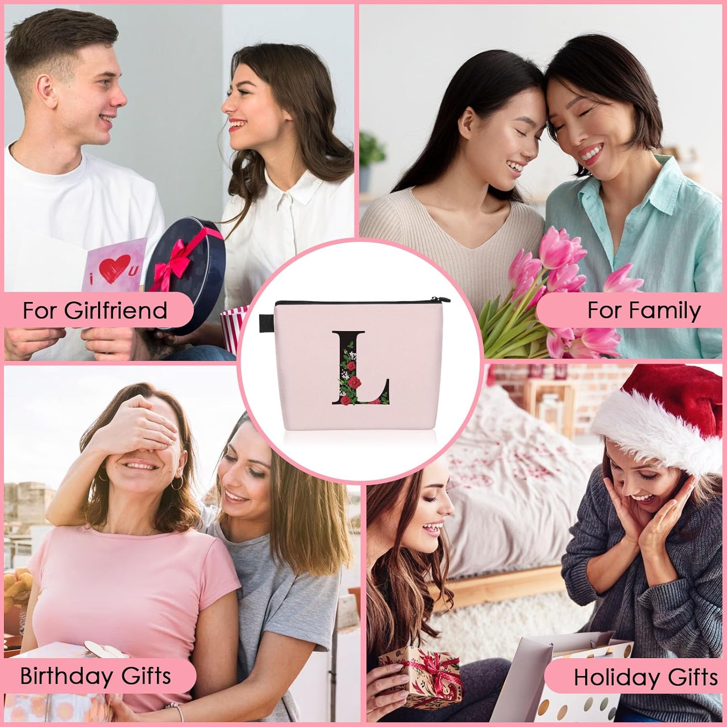 Bolsa de maquillaje con letra L inicial para mujeres y niñas, bolsa de cosméticos con monograma rosa, bolsa de aseo personalizada, regalo del día de
