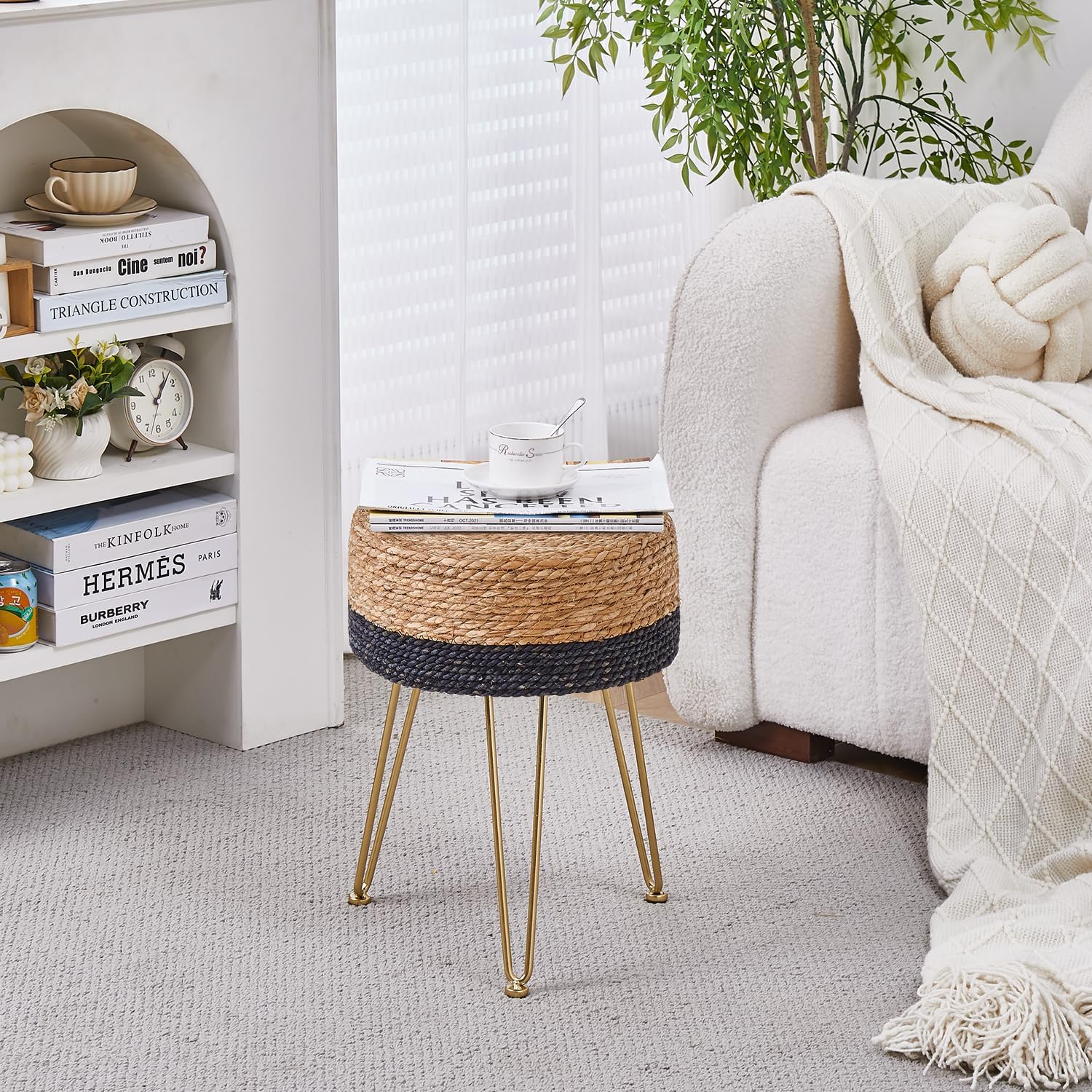 Cpintltr Natural Seagrass – Pufs de tejido a mano, taburete otomano de terciopelo, taburete otomano redondo con patas de metal para sala de estar,