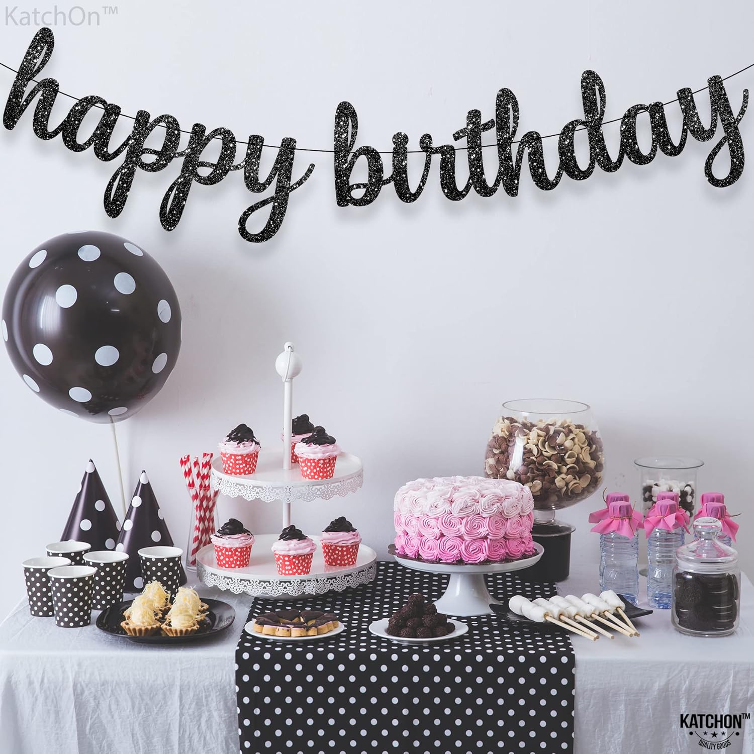 KatchOn Cartel de feliz cumpleaños negro con purpurina  10 pies, NO DIY  Cartel de cumpleaños negro  Decoraciones de cumpleaños negras  Cartel negro