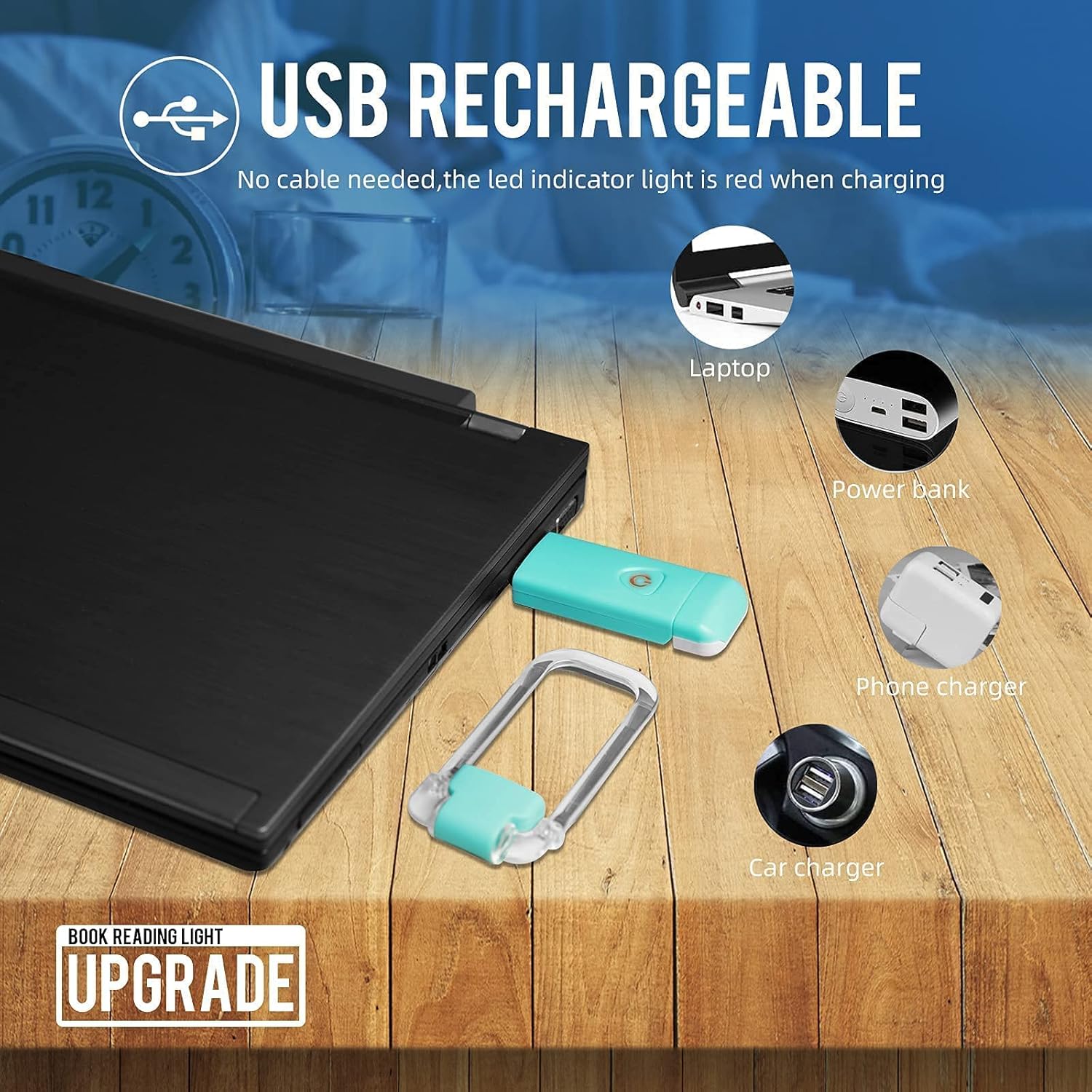 Luz de lectura de libros, luces LED portátiles recargables por USB con clip para leer en la cama, 3 luces ajustables regulables para marcapáginas
