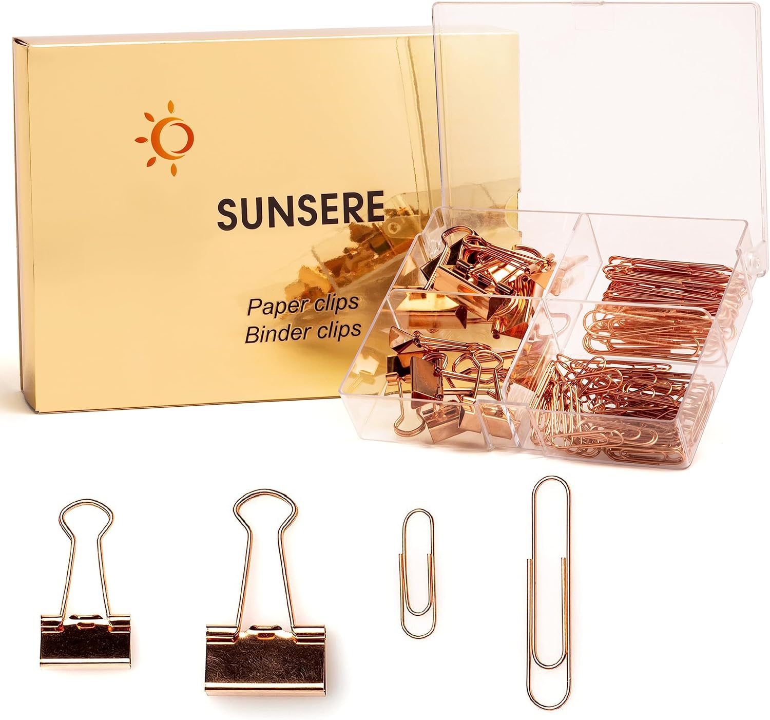 Kit de suministros de oficina con clips de papel y clips de oro rosa, 100 clips de acero inoxidable y clips de papel de varios tamaños en un