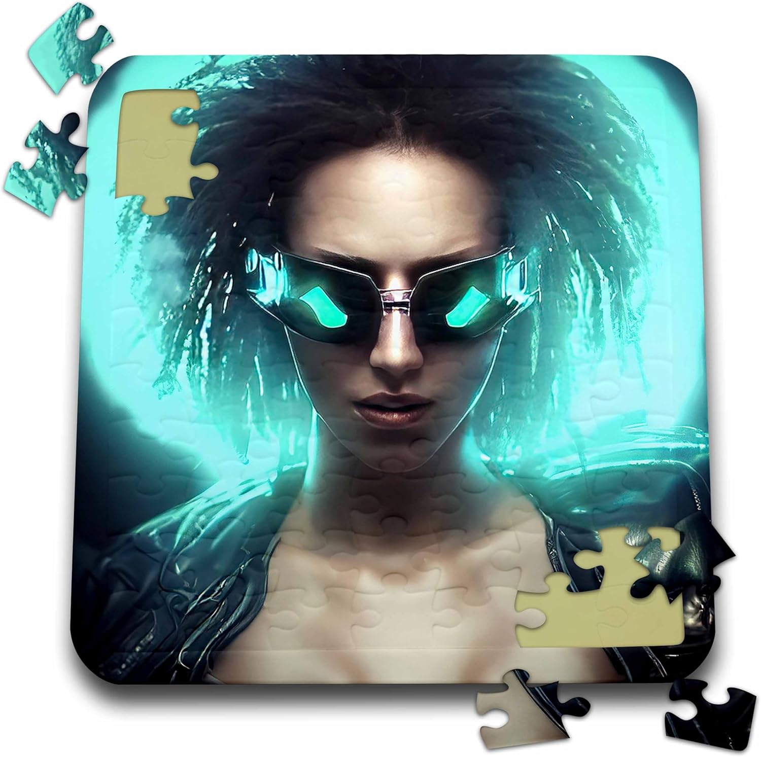 3dRose Fantasy Cyborg Brunette Woman in Special Glasses. Green Light Behind – Puzzles (pzl-377044-2)