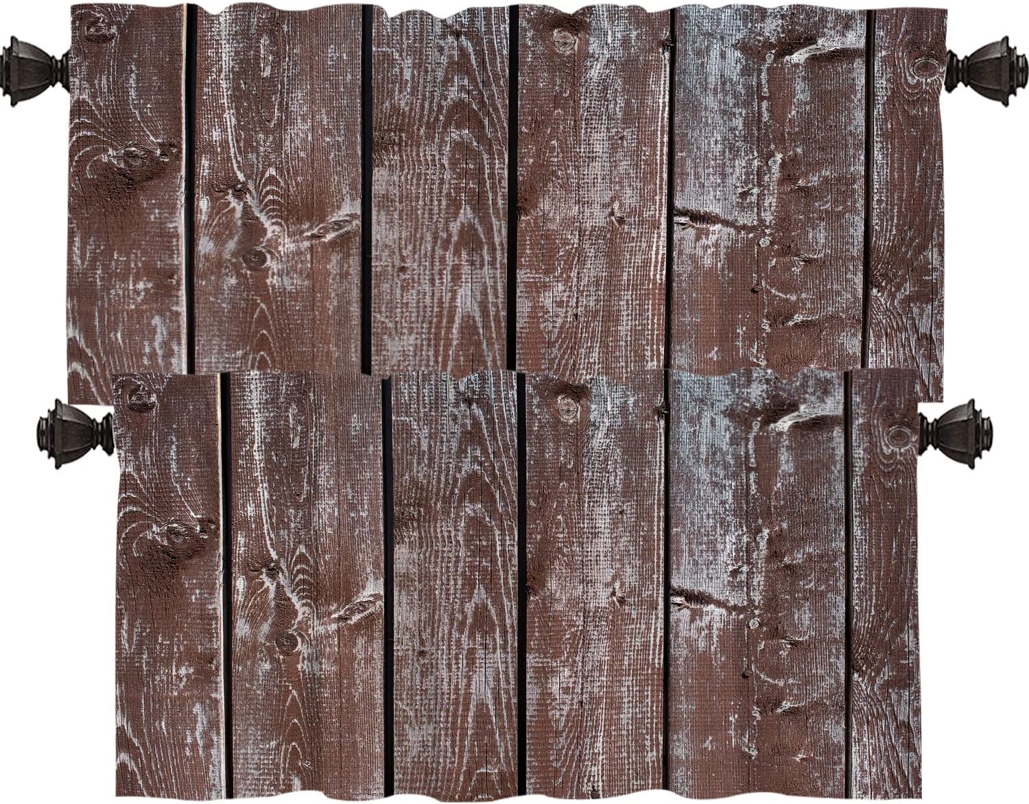 Shrahala Cenefas de cocina con textura de madera marrón, tablones de madera, cortina de media ventana de madera marrón, tratamiento de ventana,