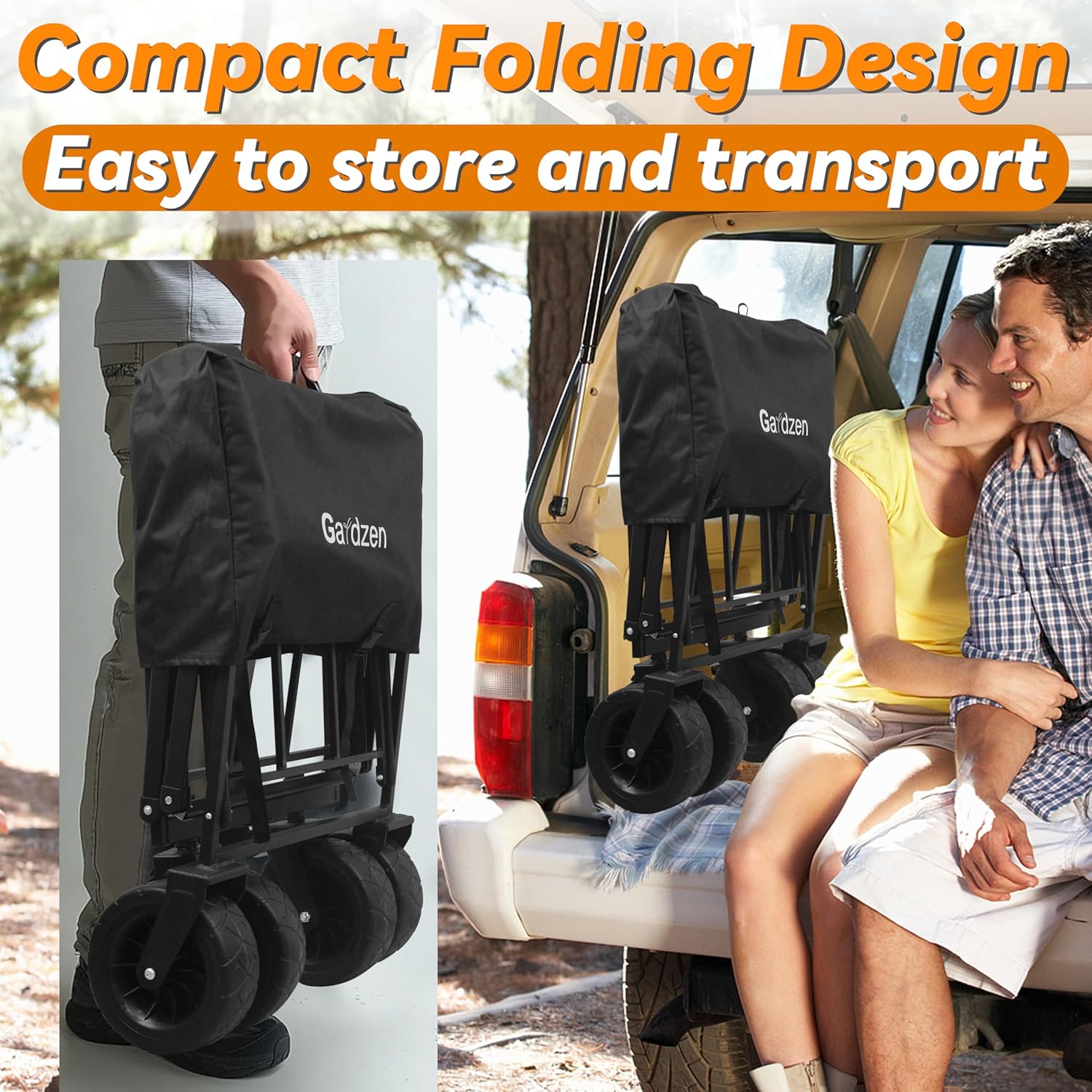 Gardzen Carro plegable, carro de jardín con ruedas todo terreno para una fácil maniobra, carro plegable grande que transporta hasta 180 libras,