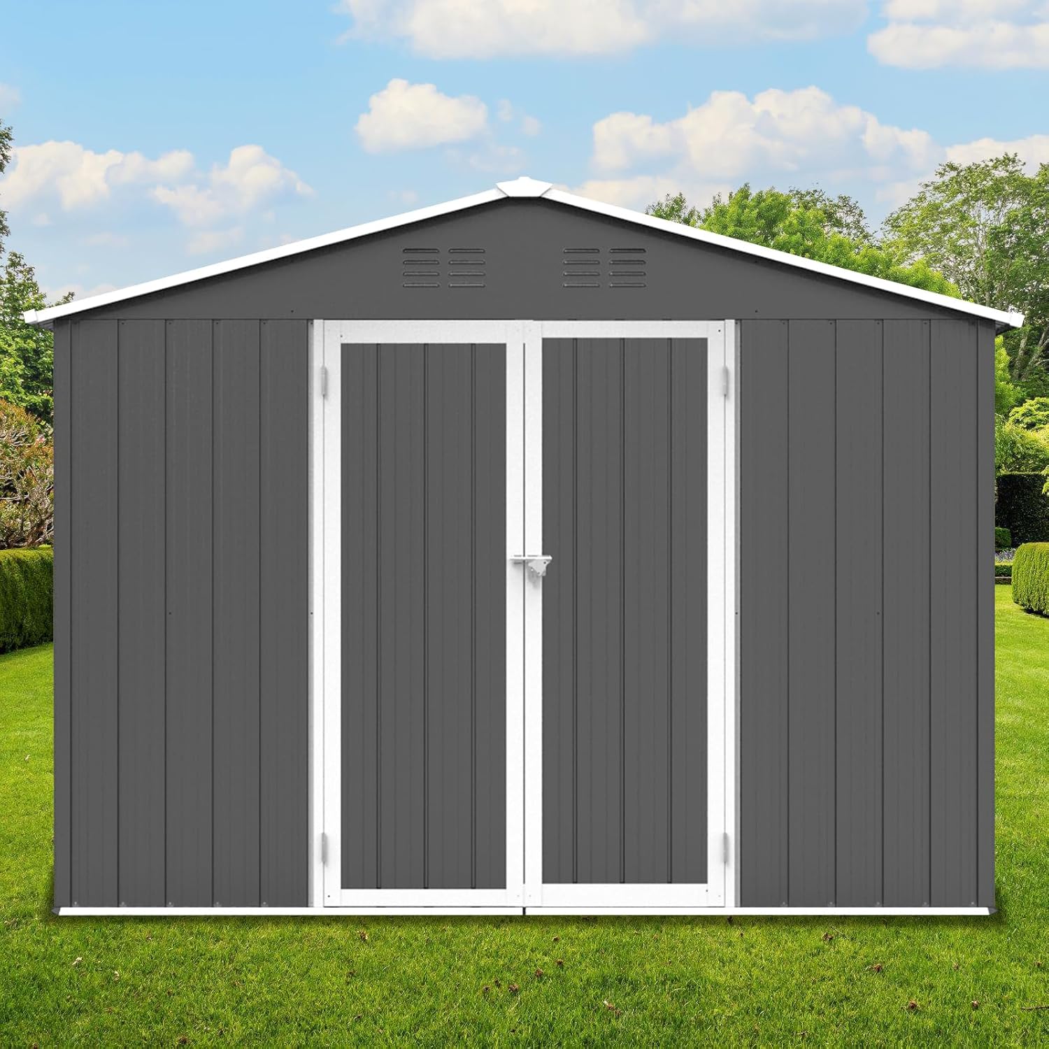 Cobertizo de almacenamiento para exteriores de 10 x 8 pies, cobertizos de metal para todo tipo de clima con base de metal y puertas con cerradura,