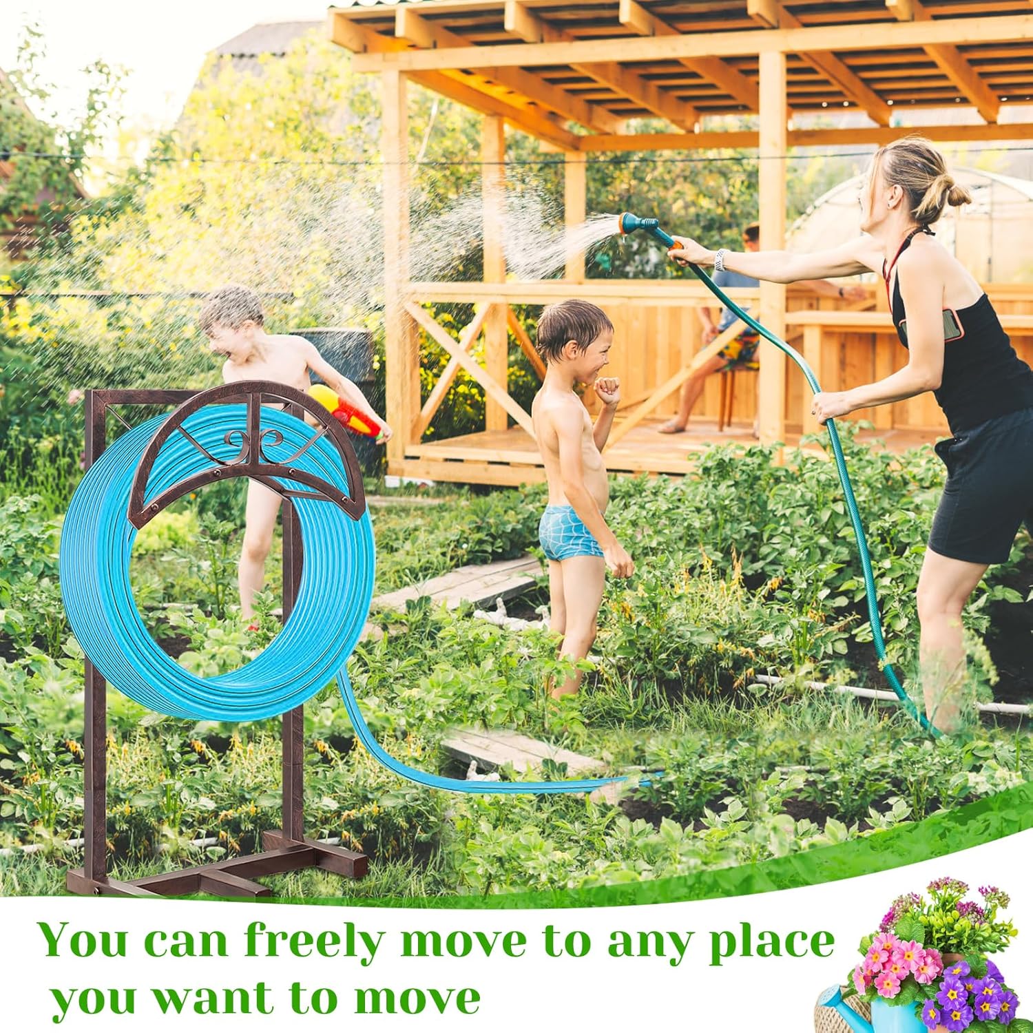 SHUONIVS Soporte para manguera de agua de jardín con 5 picos, colgador de manguera resistente mejorado independiente con capacidad para manguera de