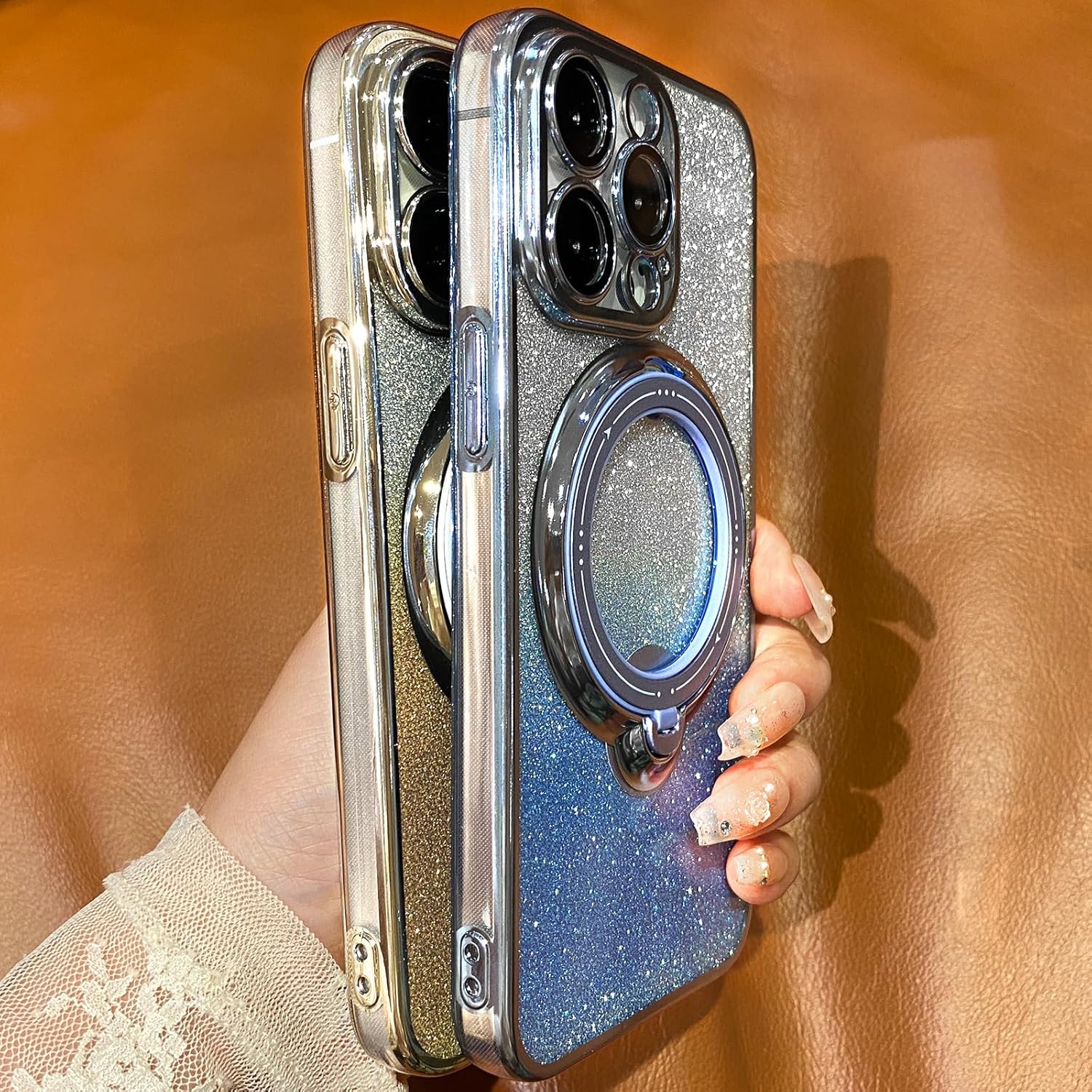 Funda magnética con purpurina para iPhone 15 Pro Max con soporte de anillo giratorio, compatible con MagSafe protector de lente de cámara chapado de