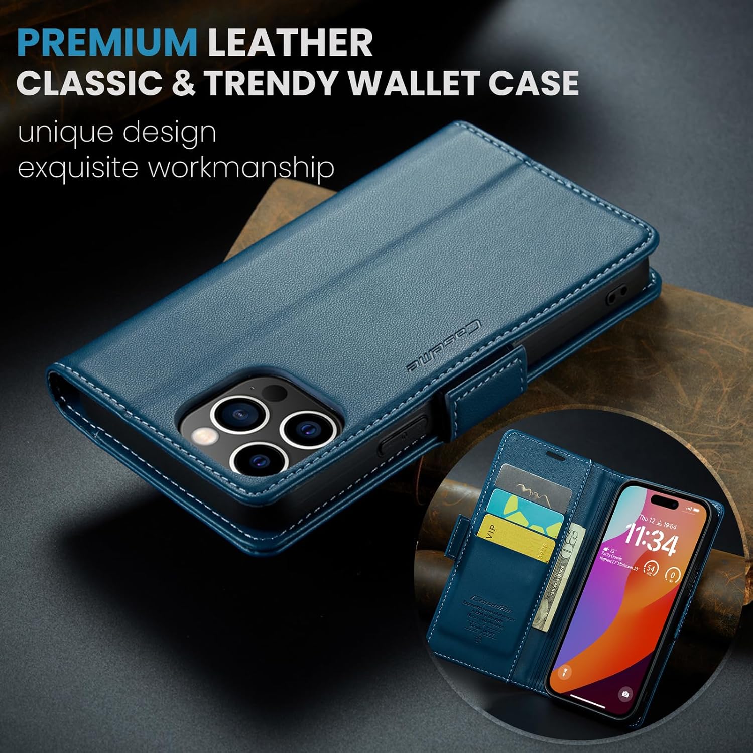 Funda para iPhone 15 Pro Max, bloqueo RFID Funda de piel sintética con tarjetero y soporte para tarjetas, funda a prueba de golpes para iPhone 15