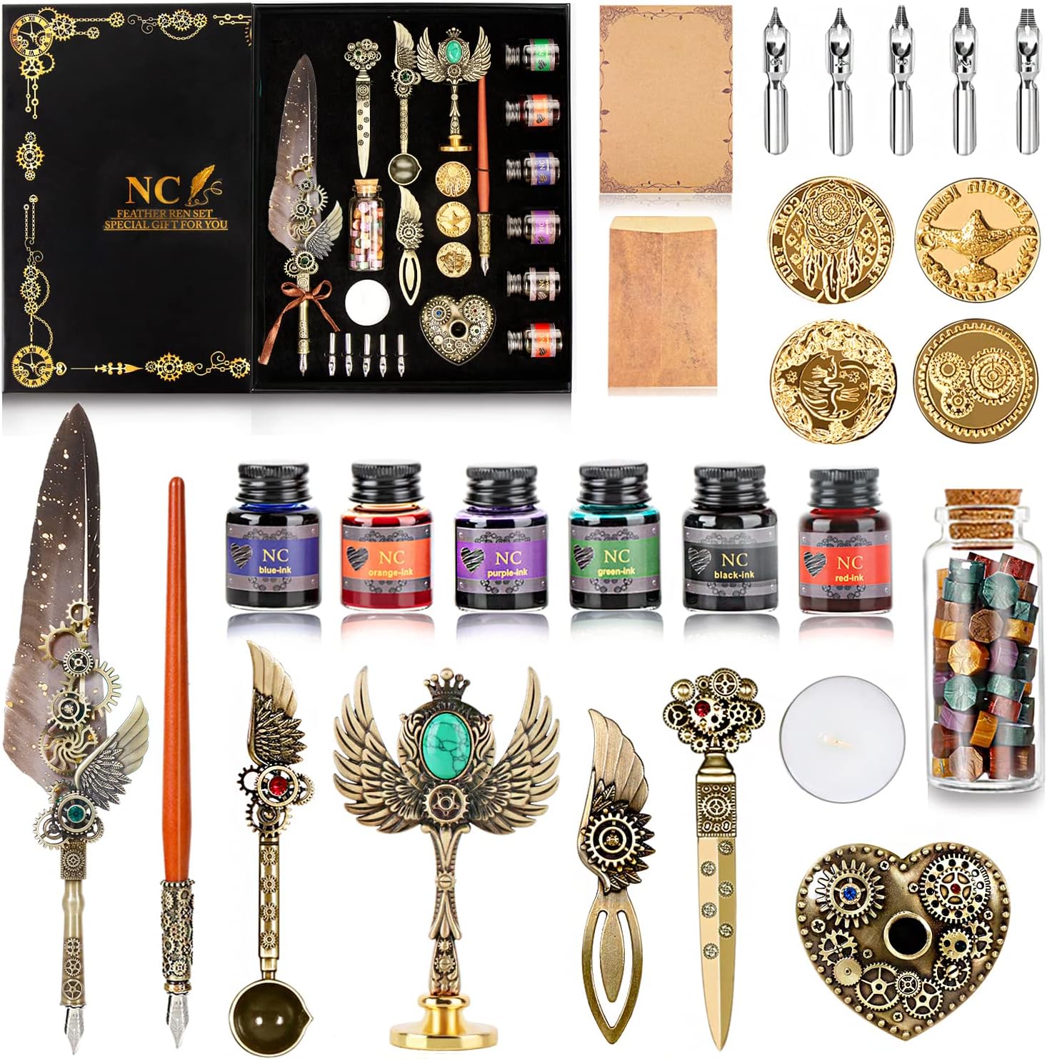 NC Juego de bolígrafo y tinta, juego de tinta de plumas, juego de sellos de cera, juego de bolígrafos de caligrafía de plumas, regalo del día de San