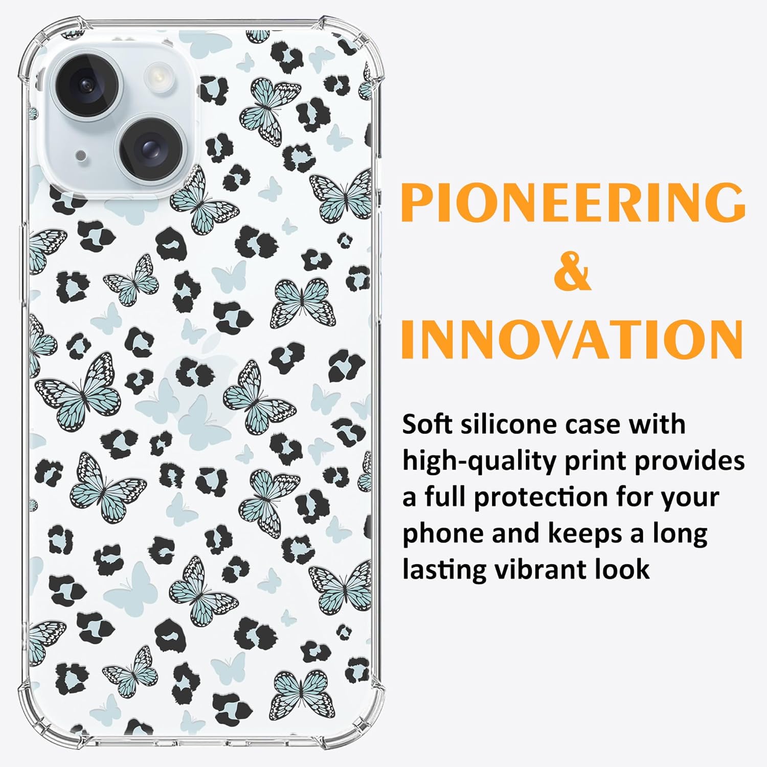 MSEAANBK Funda transparente con manchas de leopardo azul, diseñada para iPhone 15, diseño de mariposa azul, a la moda para niñas y mujeres, 4