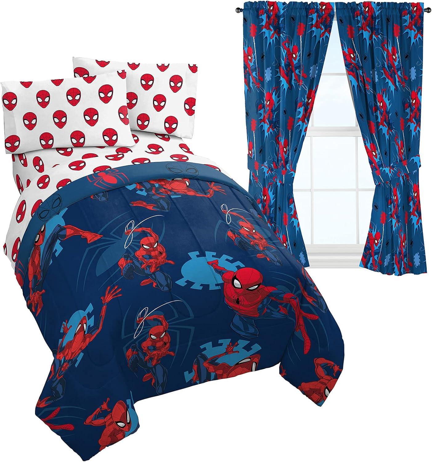 Jay Franco, Marvel Spiderman Spidey Daze – Juego para habitación 6 piezas juego de cama tamaño twin y cortinas de microfibra supersuave resistente a