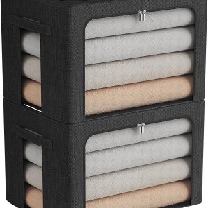 Paquete de 2 contenedores de almacenamiento de ropa, caja de almacenamiento plegable con marco de metal, juego organizador de tela de lino de gran Paquete de 2 contenedores de almacenamiento de ropa, caja de almacenamiento plegable con marco de metal, juego organizador de tela de lino de gran