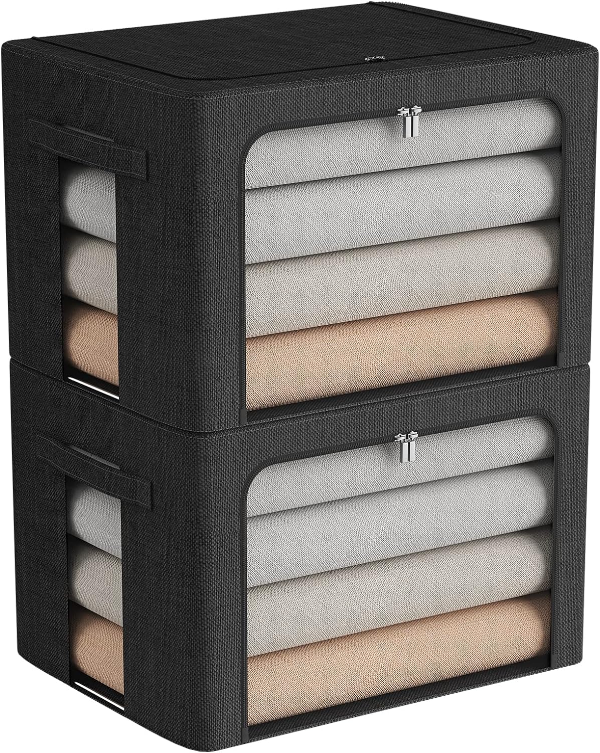 Paquete de 2 contenedores de almacenamiento de ropa, caja de almacenamiento plegable con marco de metal, juego organizador de tela de lino de gran