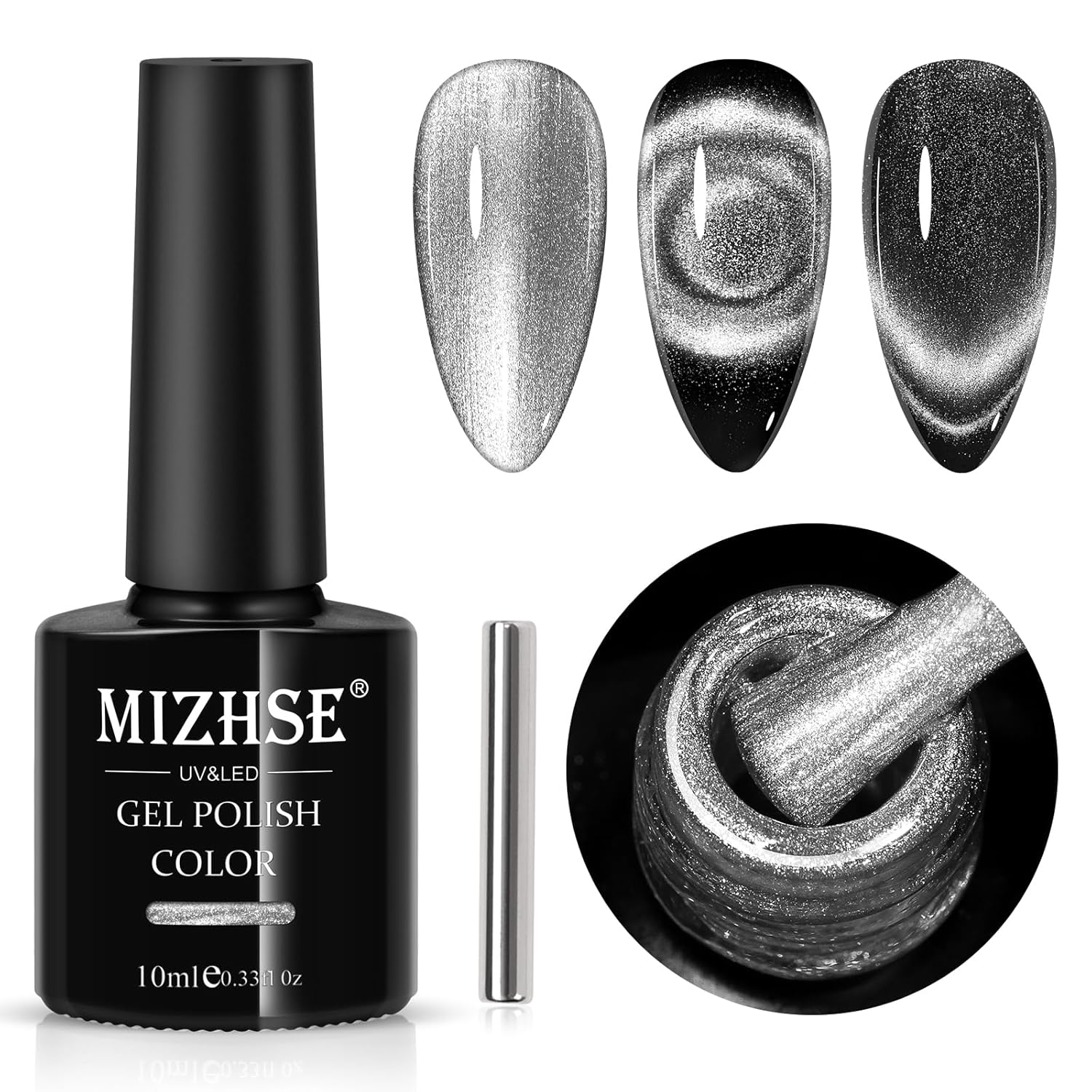 MIZHSE Esmalte de uñas de gel 9D de ojo de gato, esmalte de gel magnético plateado con barra magnética, efecto galaxia mágico, brillo holográfico,