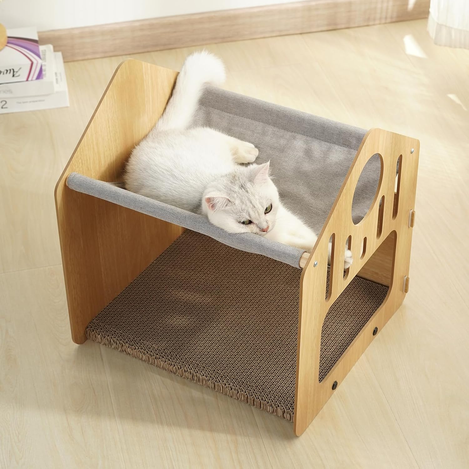 Salón rascador para gatos, 2 en 1, casa para gatos de doble capa con almohadillas rascadoras y cama y hamaca para descansar y moler garras, poste