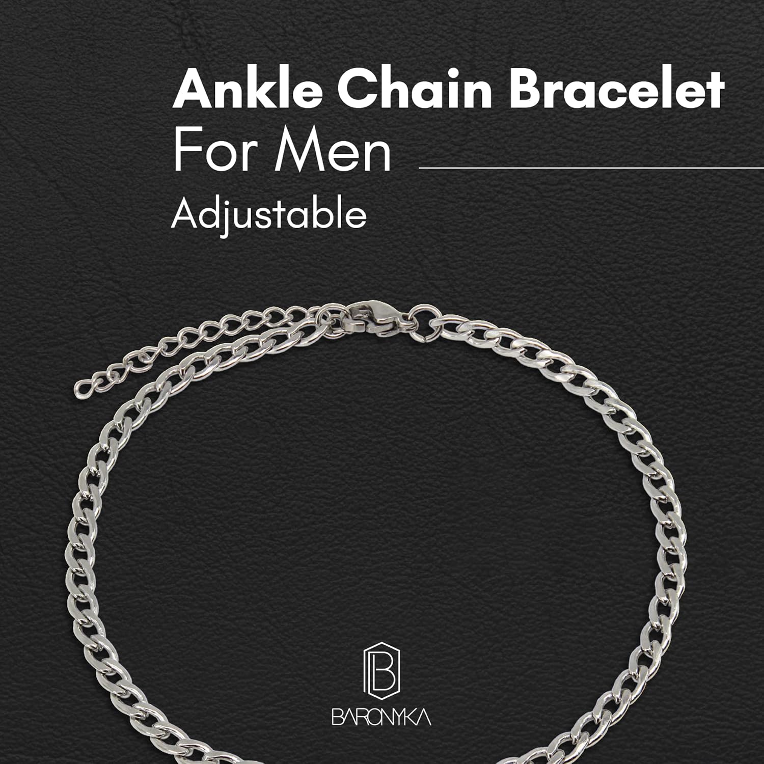 Baronyka Men’s Handcrafted Anklet, Wax Cord, Stainless Steel, Adjustable Length, Durable for Everyday Wear and Modern Look (Silver Chain)